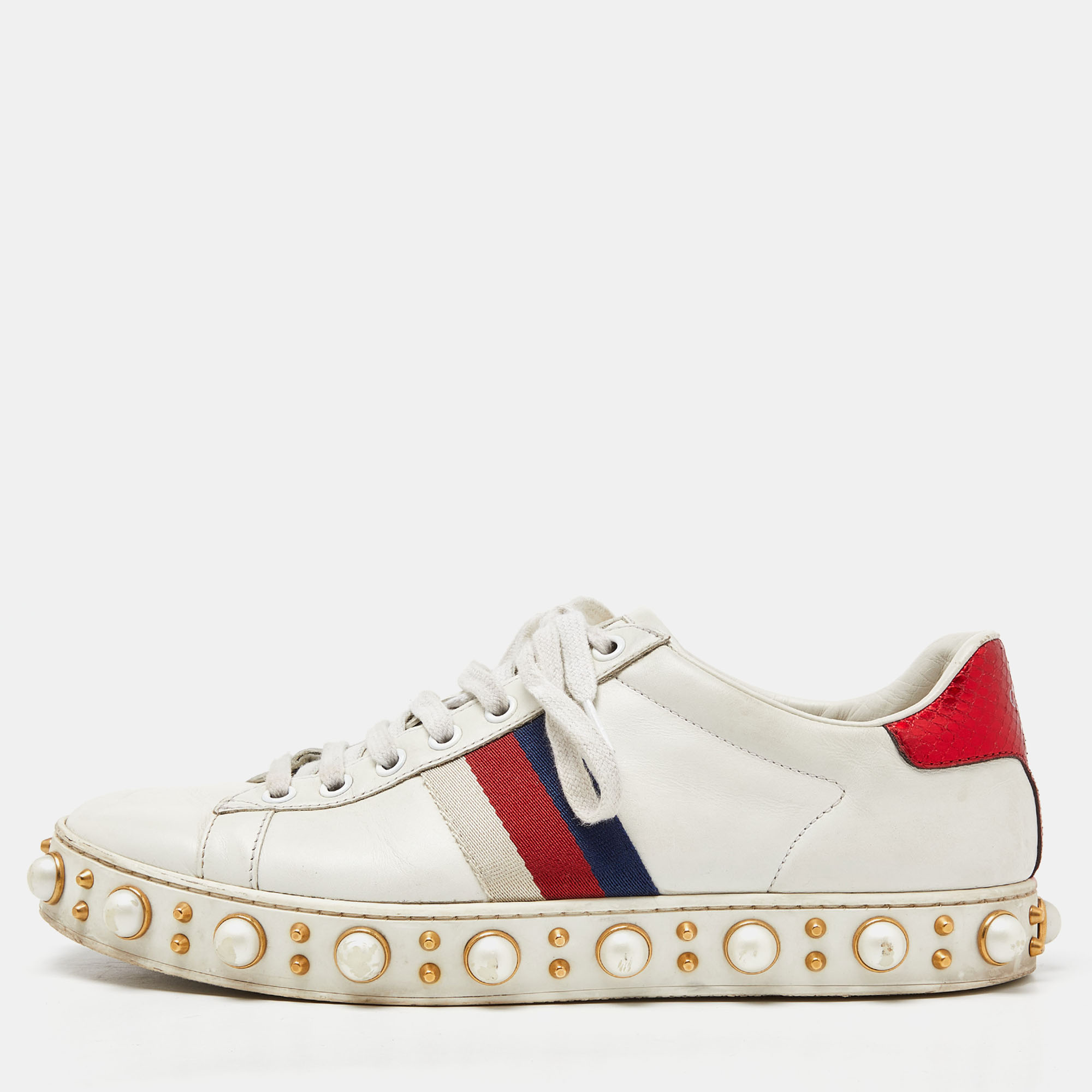 Pre-owned Gucci White Leather Web Detail New Ace Faux Pearl Embellished Low Top Sneakers Size 39