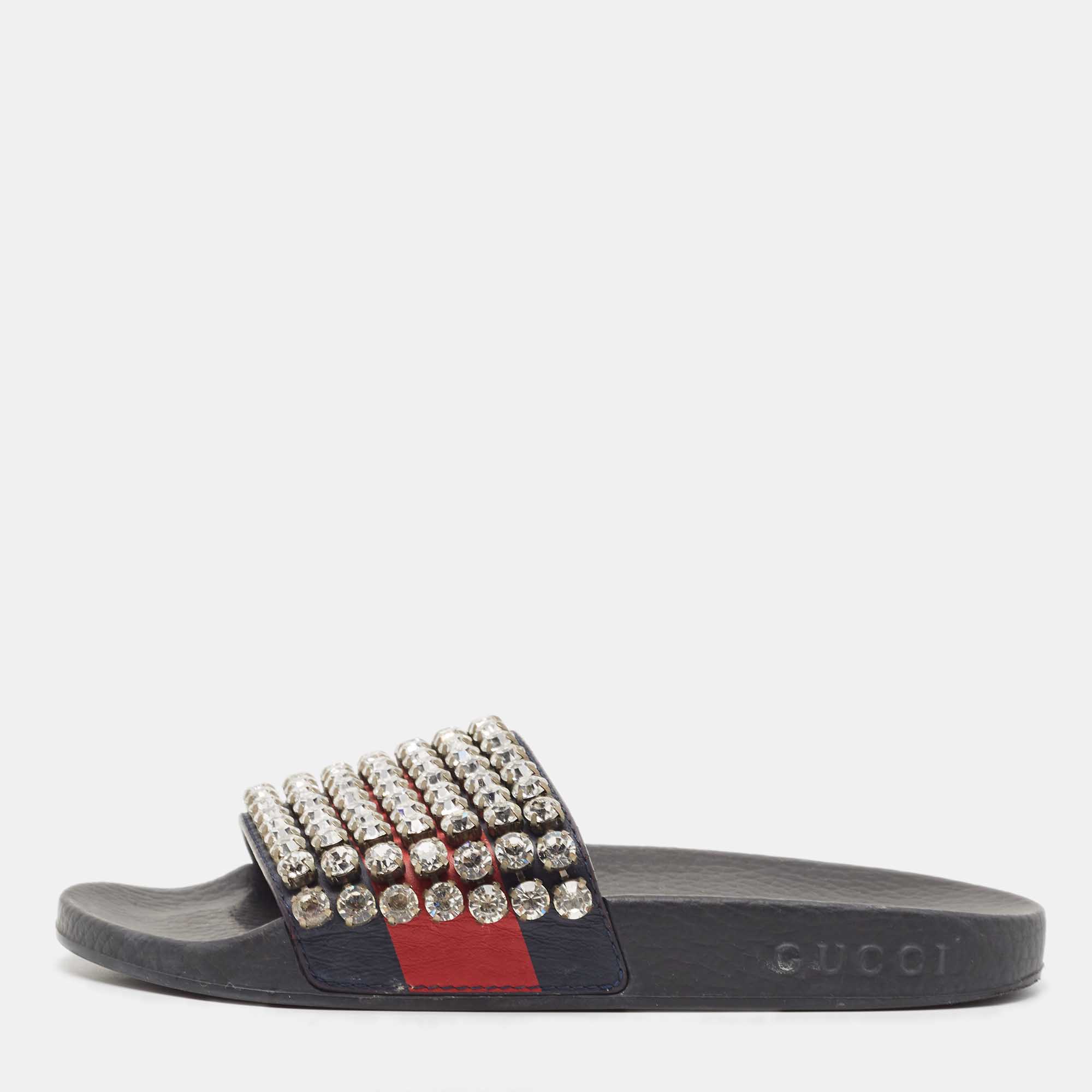 

Gucci Navy Blue/Red Web Leather Crystal Embellished Slides Size