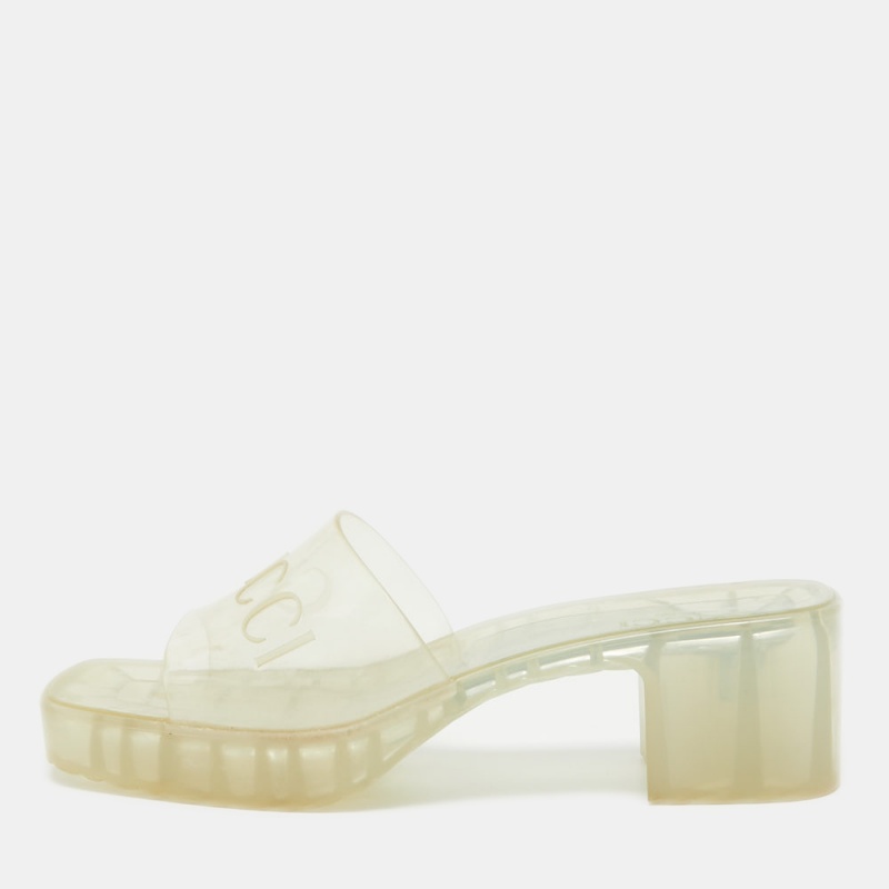 

Gucci Transparent PVC Embossed Logo Block Heel Slide Sandals Size