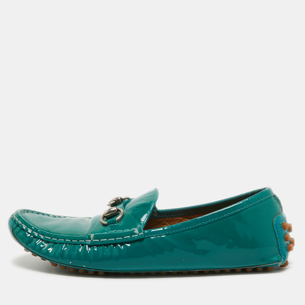 

Gucci Green Patent Leather Jordaan Horsebit Slip On Loafers Size