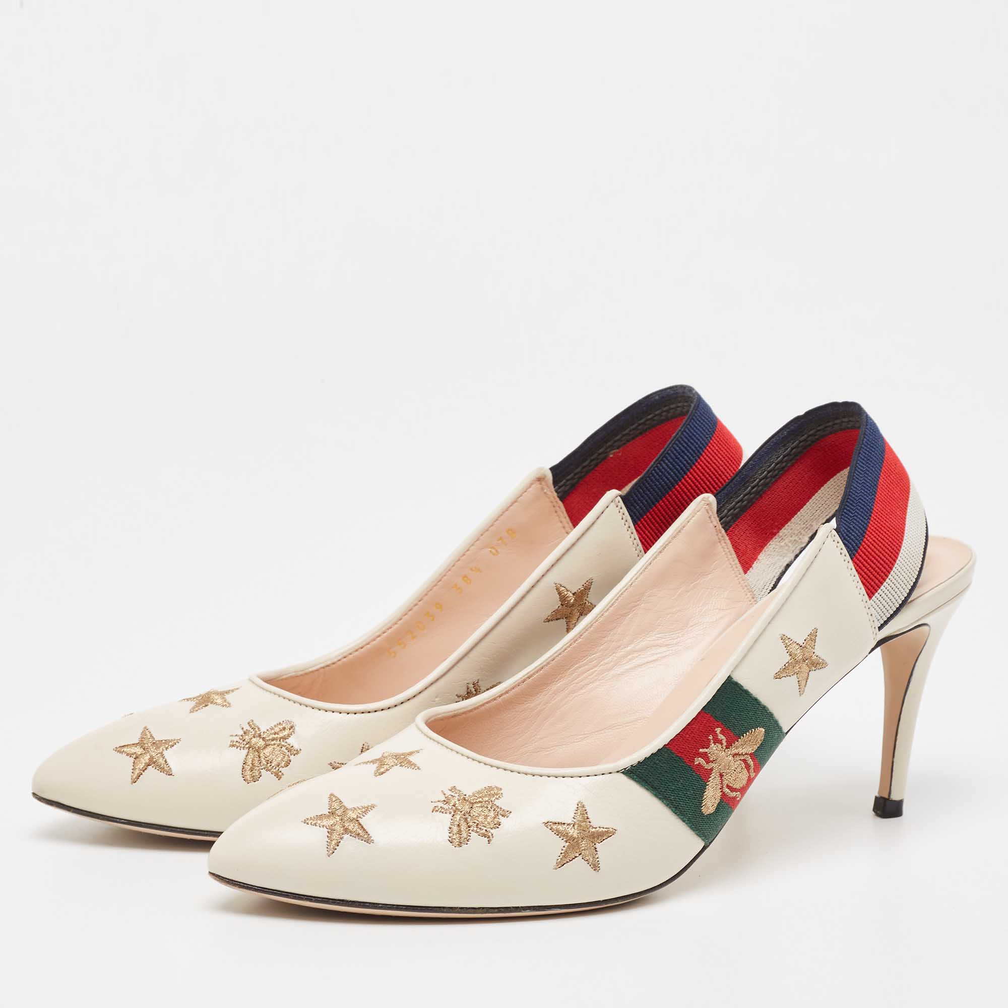 

Gucci Off White Leather Bee Star Embroidered Web Sylvie Slingback Pumps Size