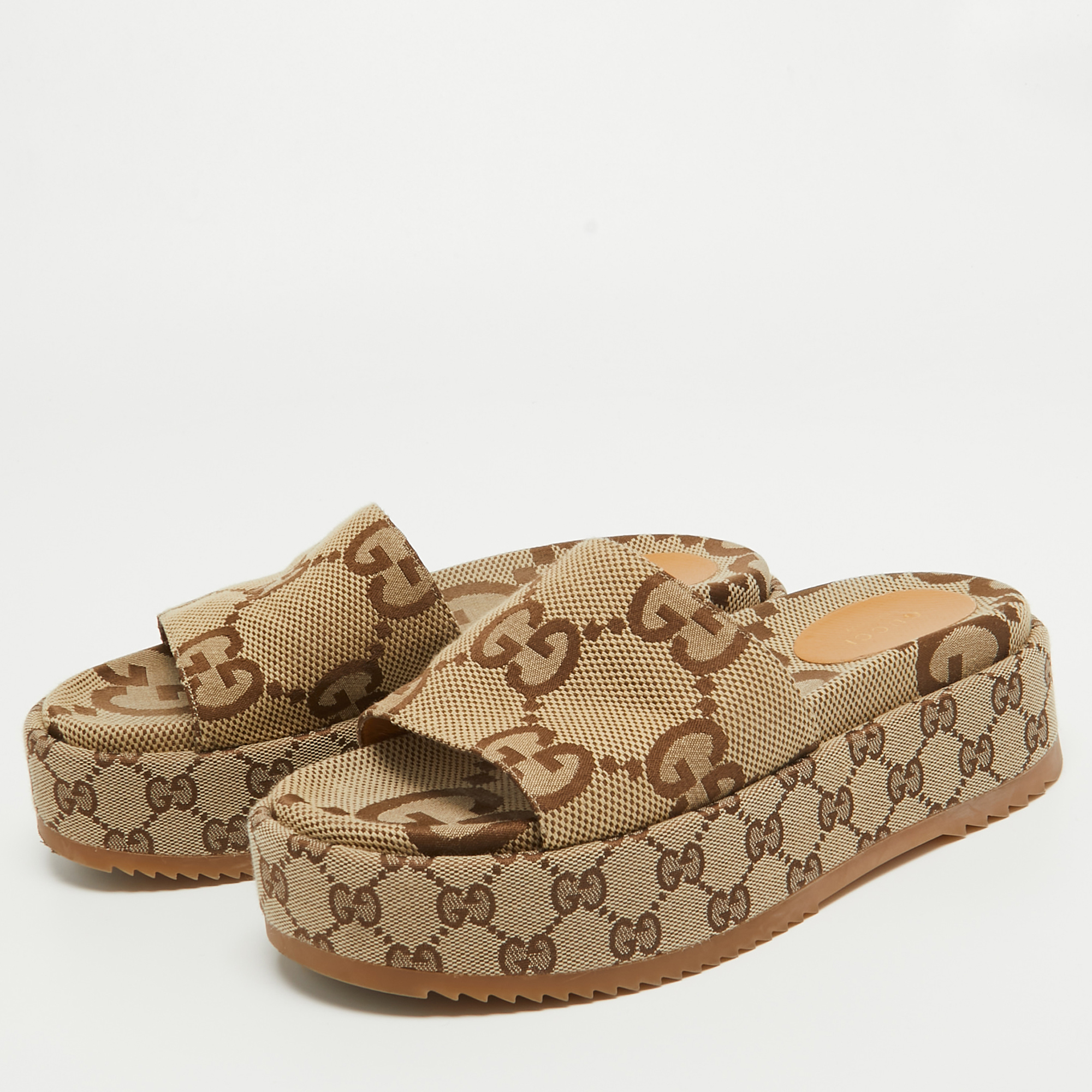 

Gucci Brown/Beige GG Canvas Platform Slide Sandals Size