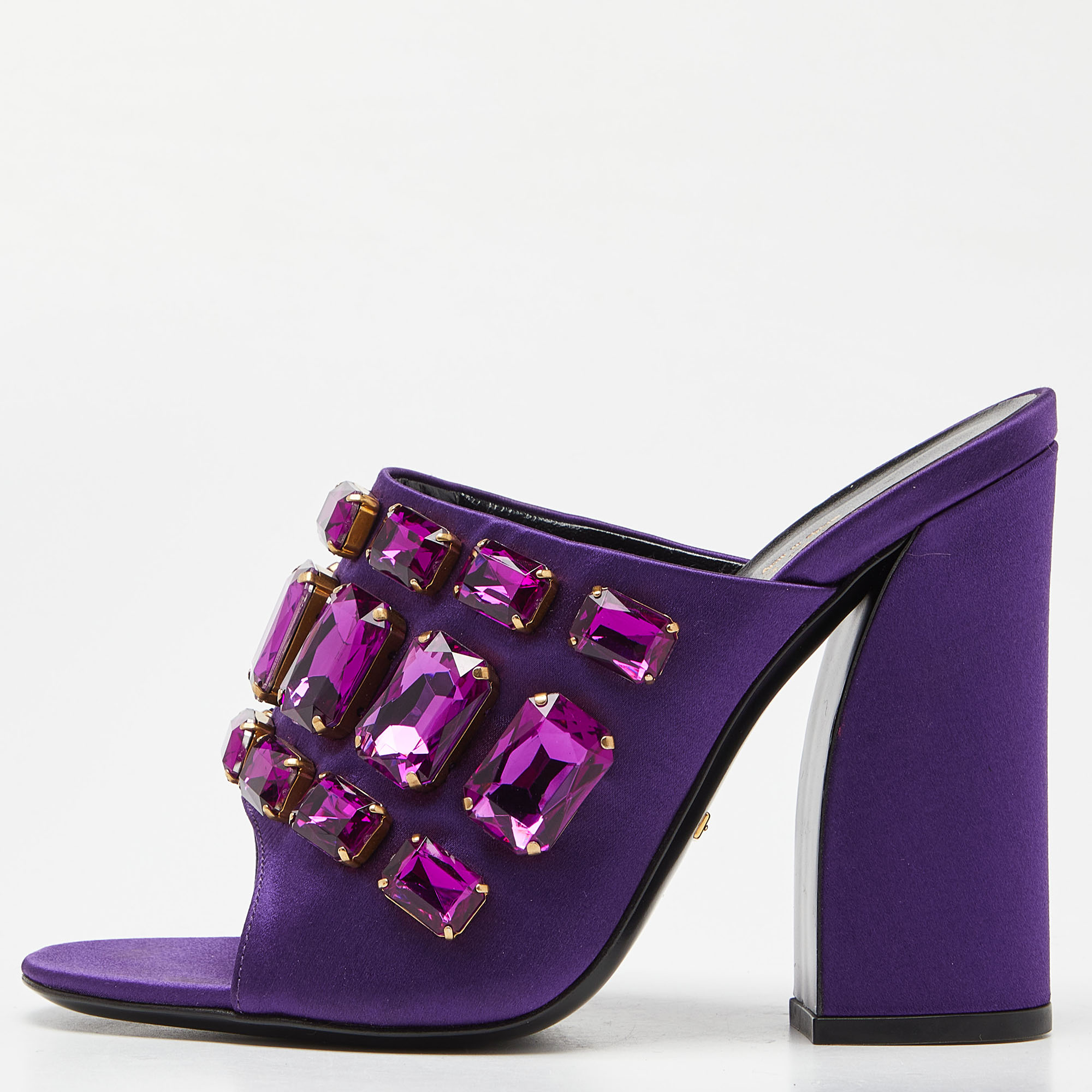 

Gucci Purple Satin Tessa Crystal Embellished Peep Toe Slide Mules Size