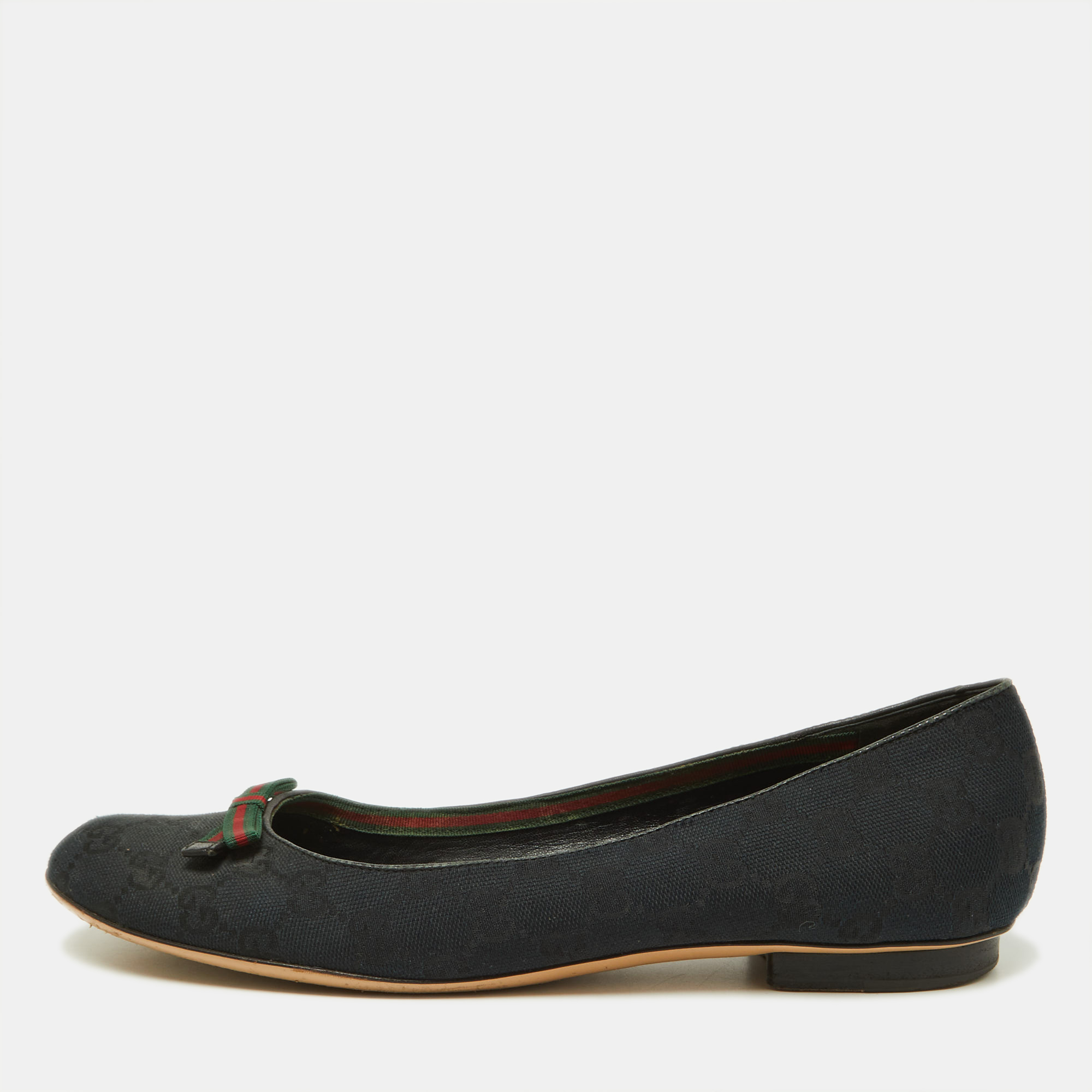 Pre-owned Gucci Black Gg Canvas Web Bow Ballet Flats Size 40.5