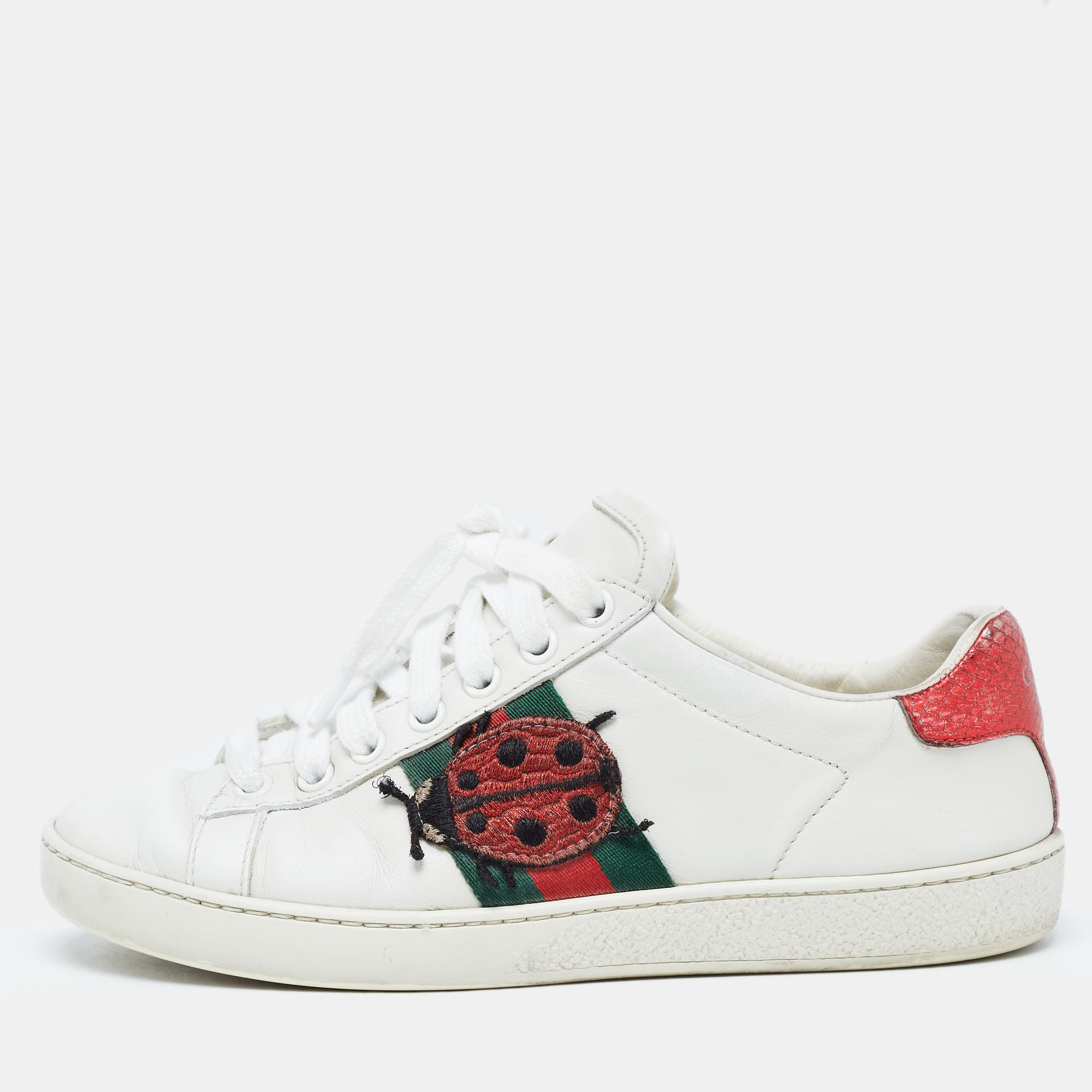 Pre-owned Gucci White Leather Web Ace Sneakers Size 34.5