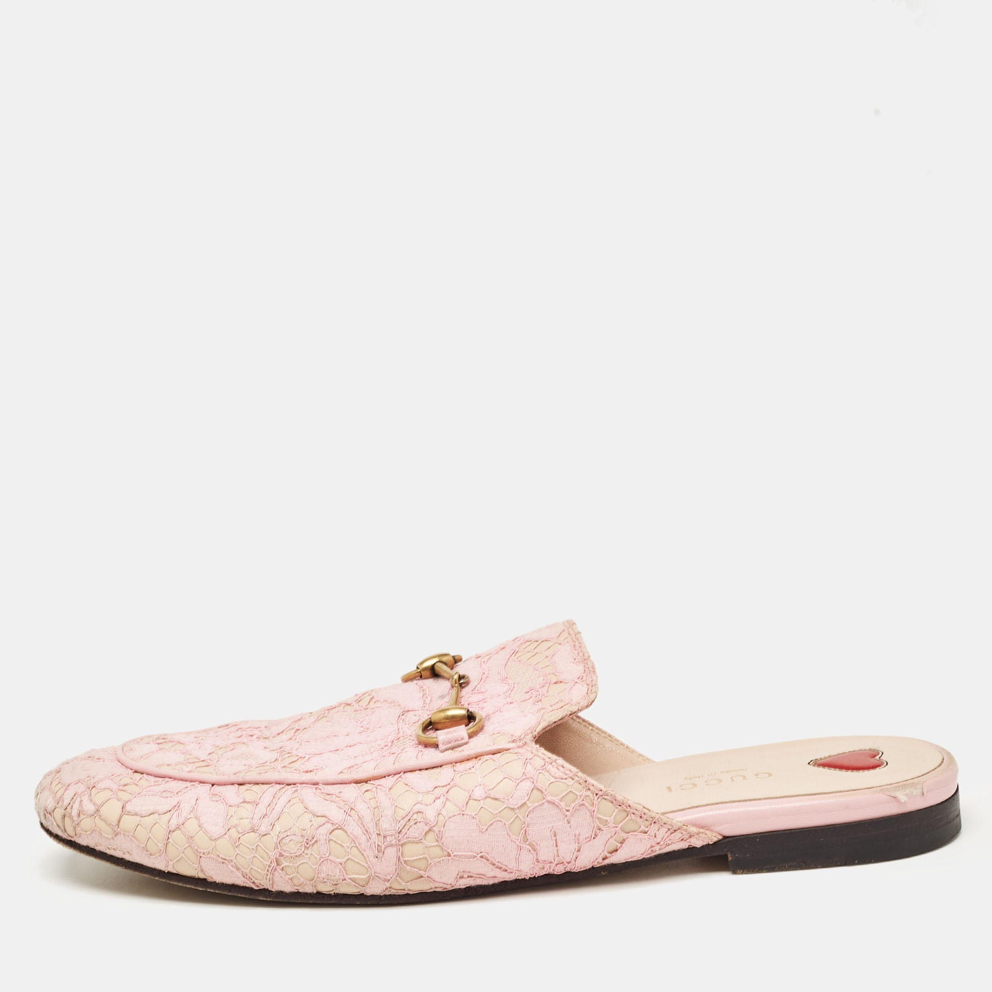 Pre-owned Gucci Pink Lace And Mesh Princetown Mules Size 38.5