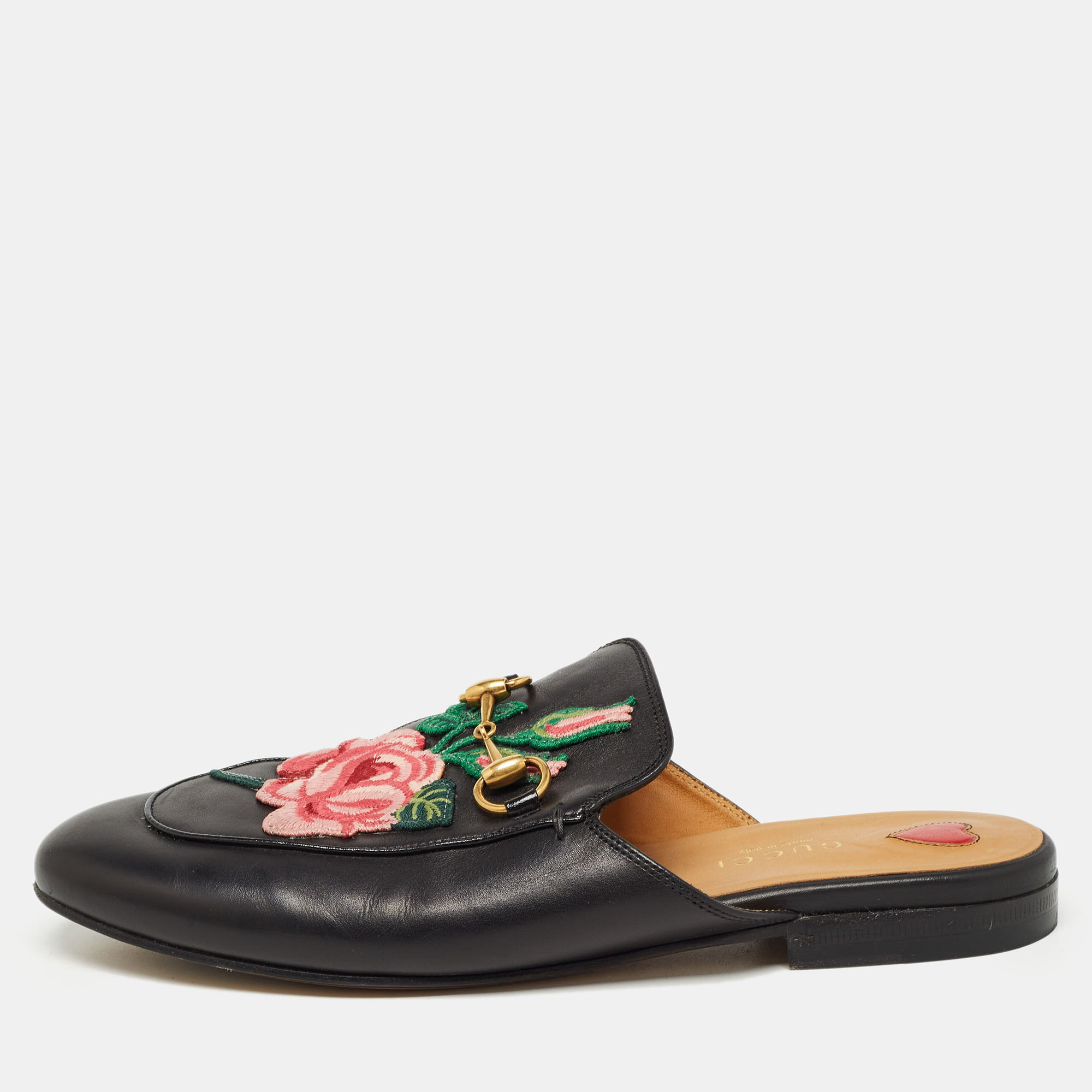 Pre-owned Gucci Black Leather Rose Embroidered Princetown Horsebit Flat Mules Size 37
