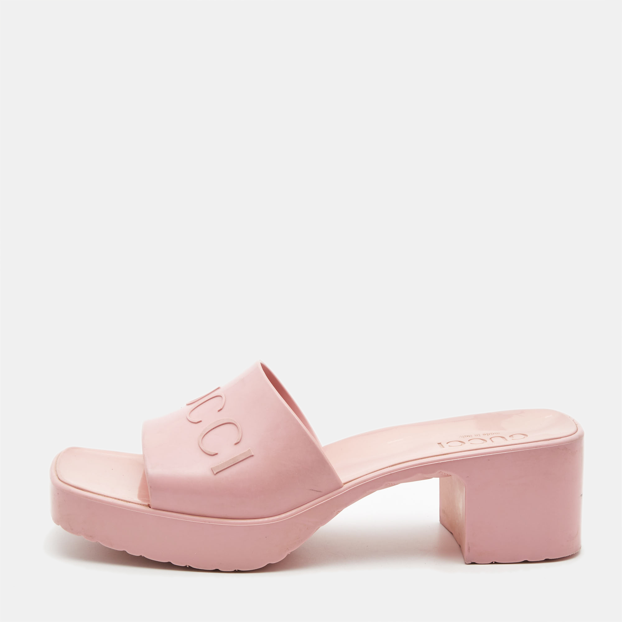 

Gucci Pink Rubber Embossed Logo Block Heel Slide Sandals Size