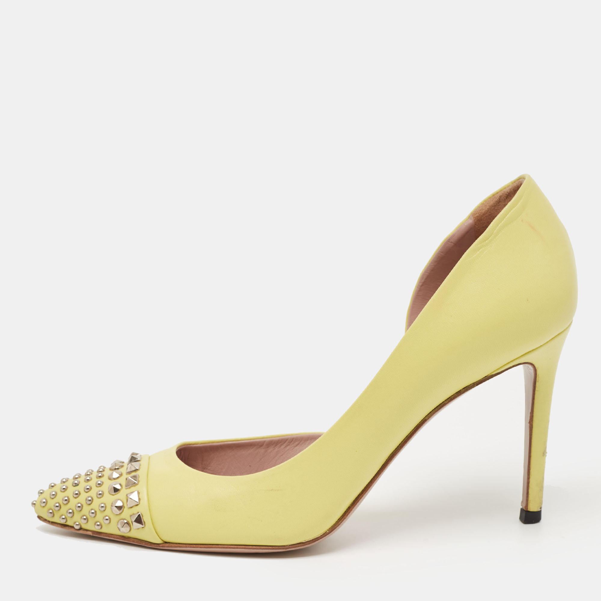 Pre-owned Gucci Yellow Leather Studded D'orsay Pointed Toe Pumps Size 36.5