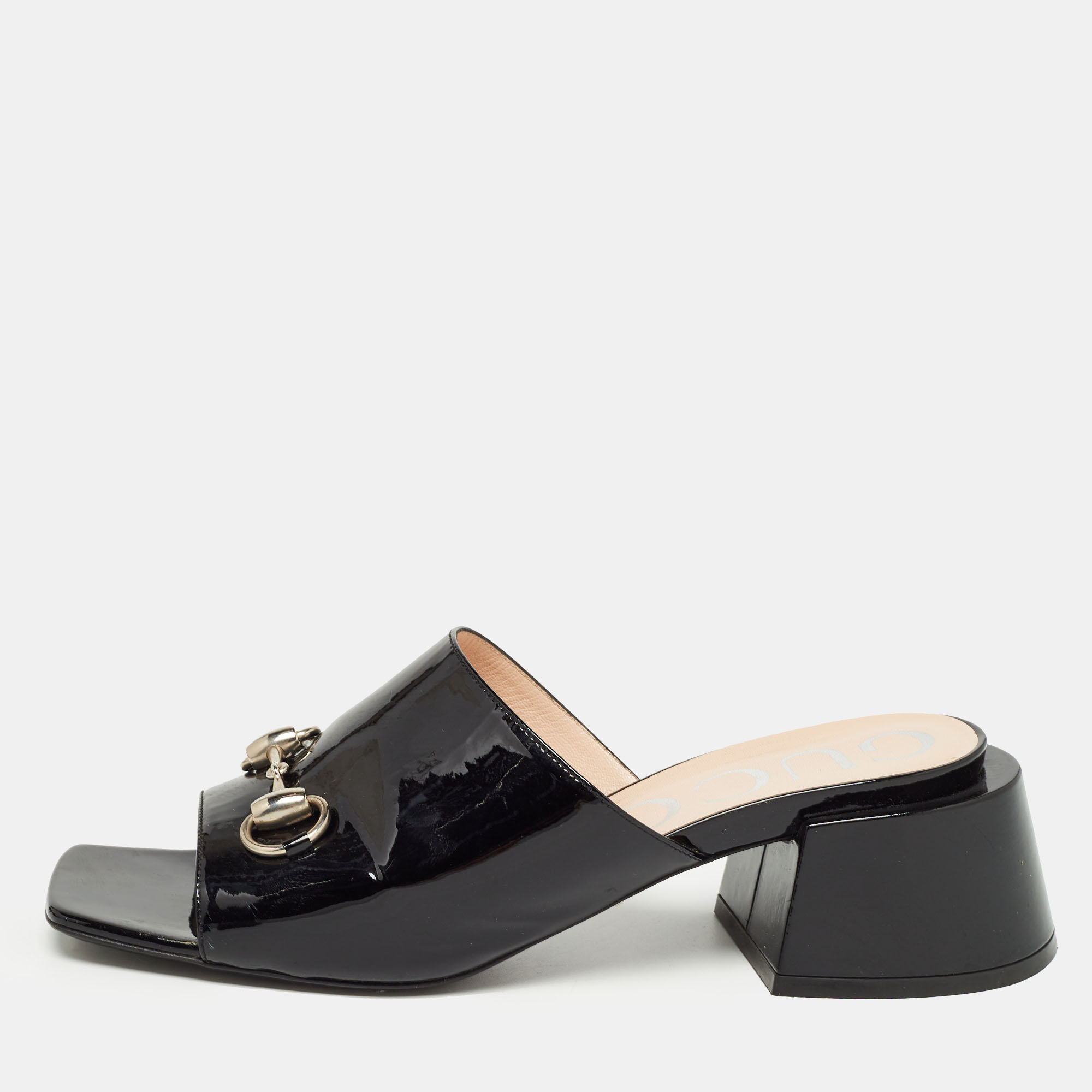 

Gucci Black Patent Leather Horsebit Block Heel Slide Sandals Size