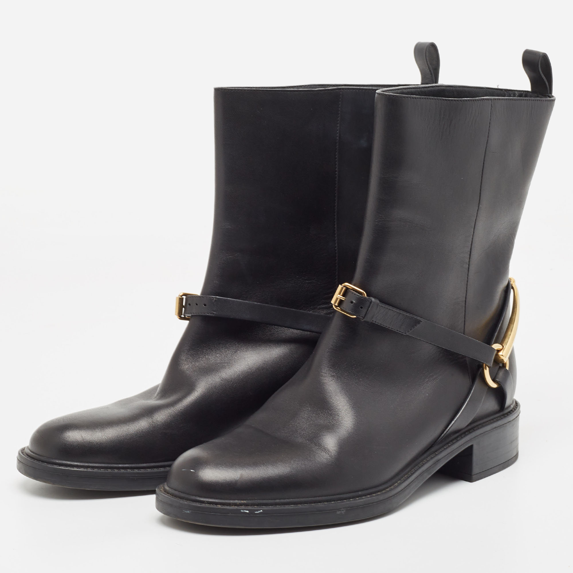 

Gucci Black Leather Moto Buckle Detail Ankle Boots Size