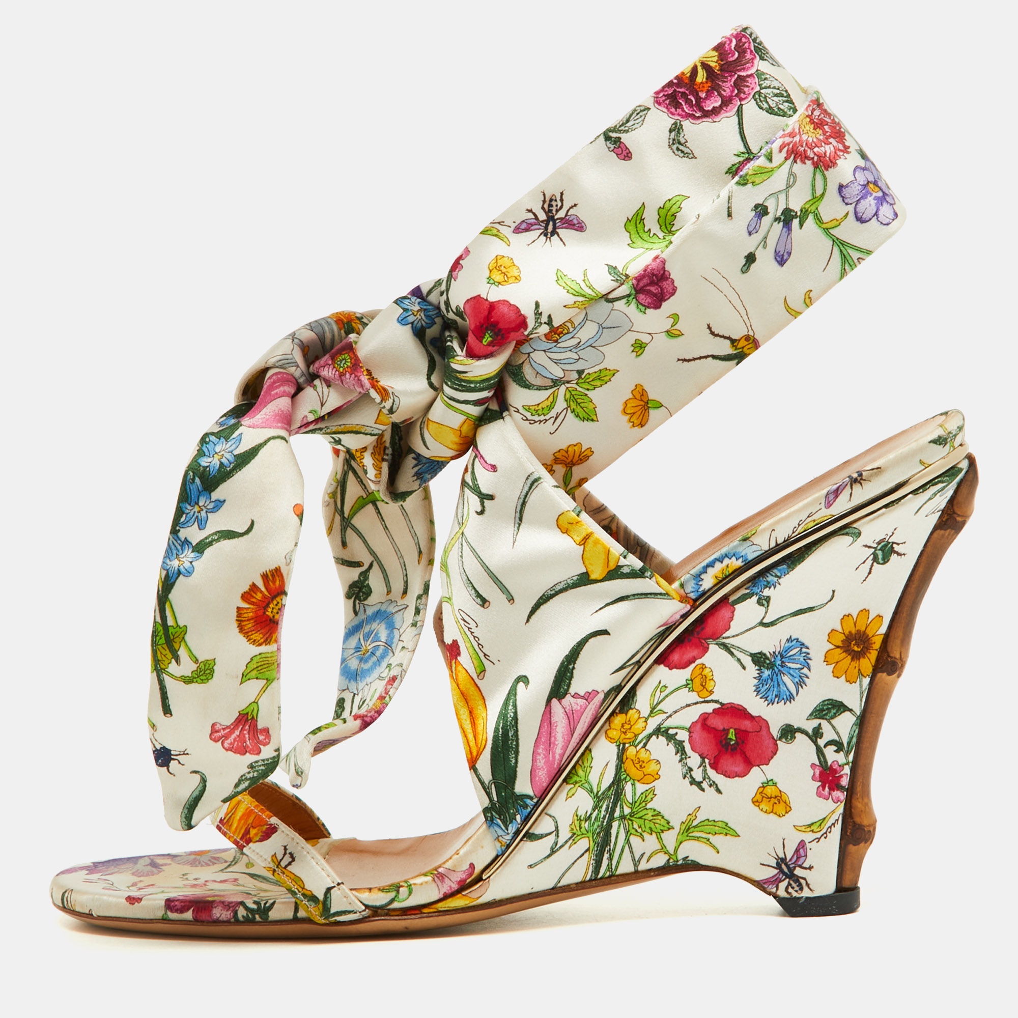Pre-owned Gucci Floral Printed Satin Ankle Strap Wedge Sandals Size 38.5 In Multicolor