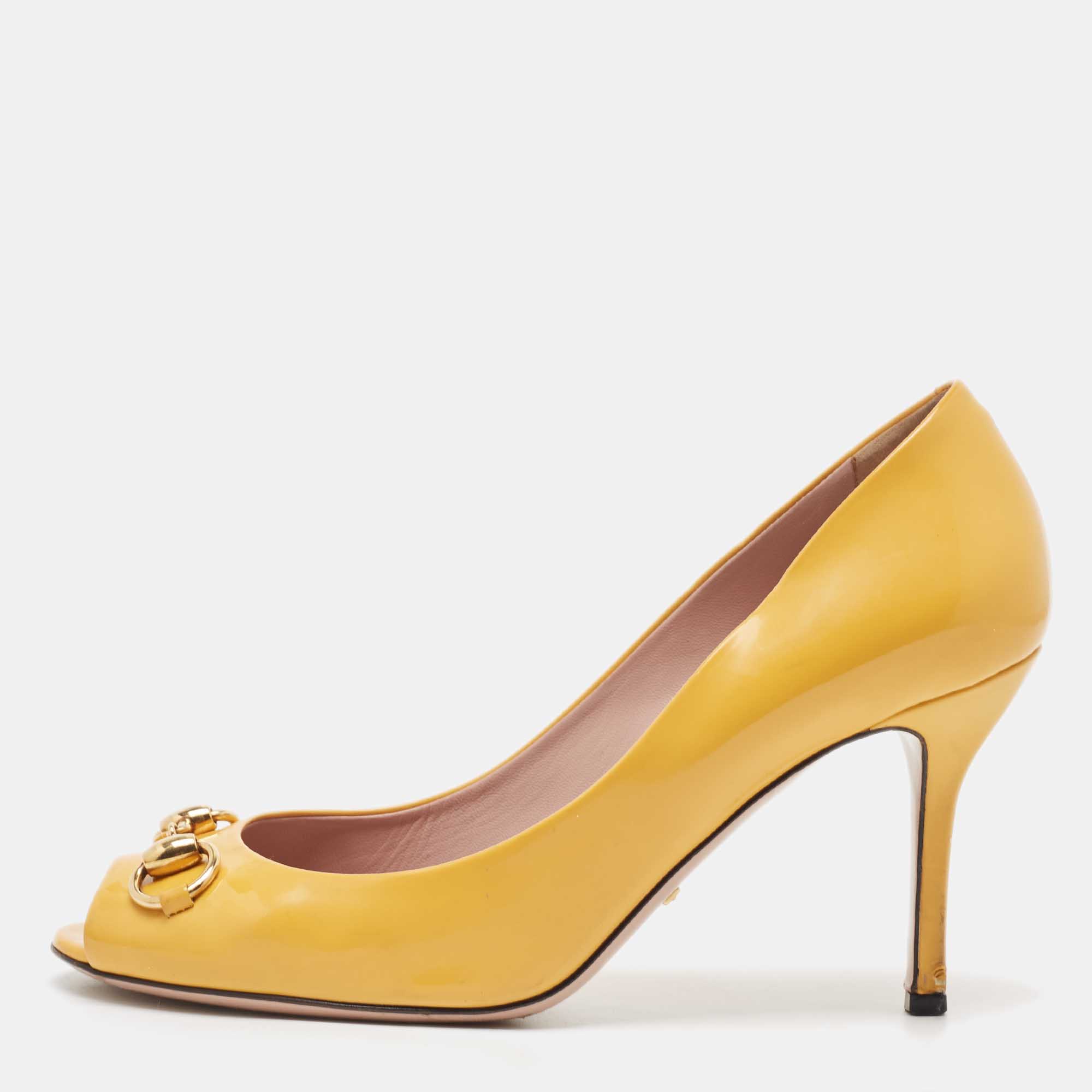 Pre-owned Gucci Yellow Patent Leather Horsebit Peep Toe Pumps Size 39