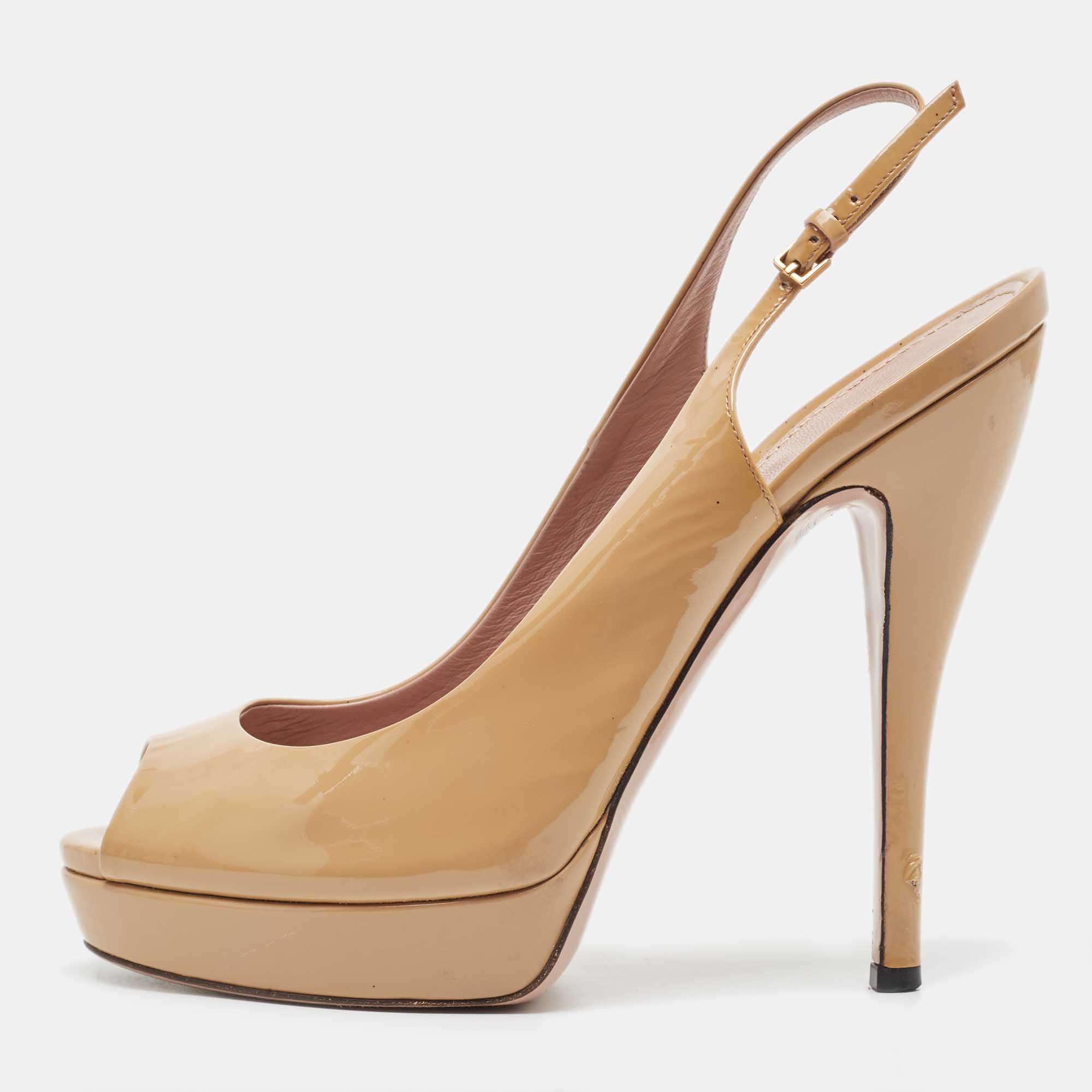 Pre-owned Gucci Beige Patent Leather Peep Toe Platform Slingback Pumps Size 40