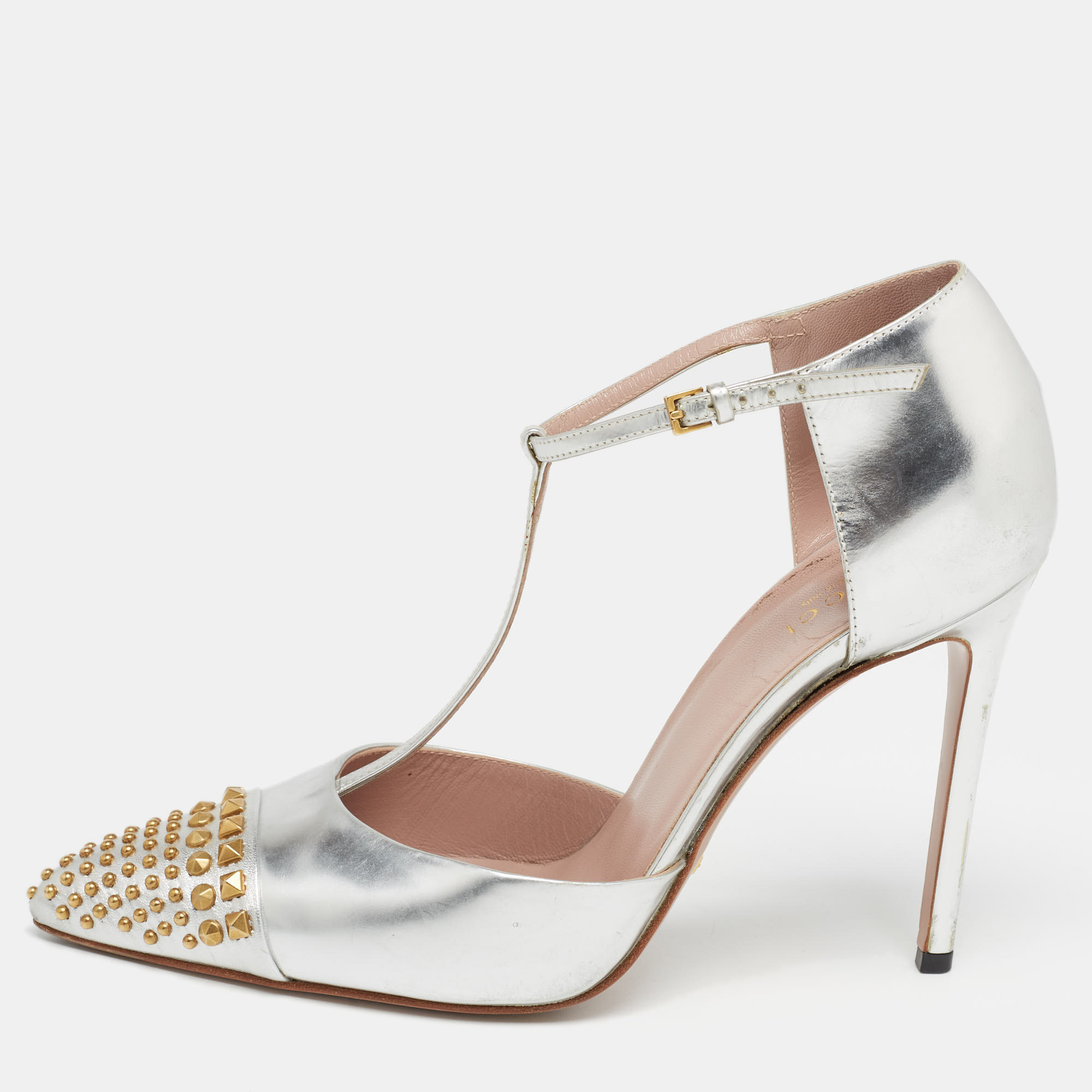 

Gucci Metallic Silver Leather Studded Coline T-Strap Pumps Size