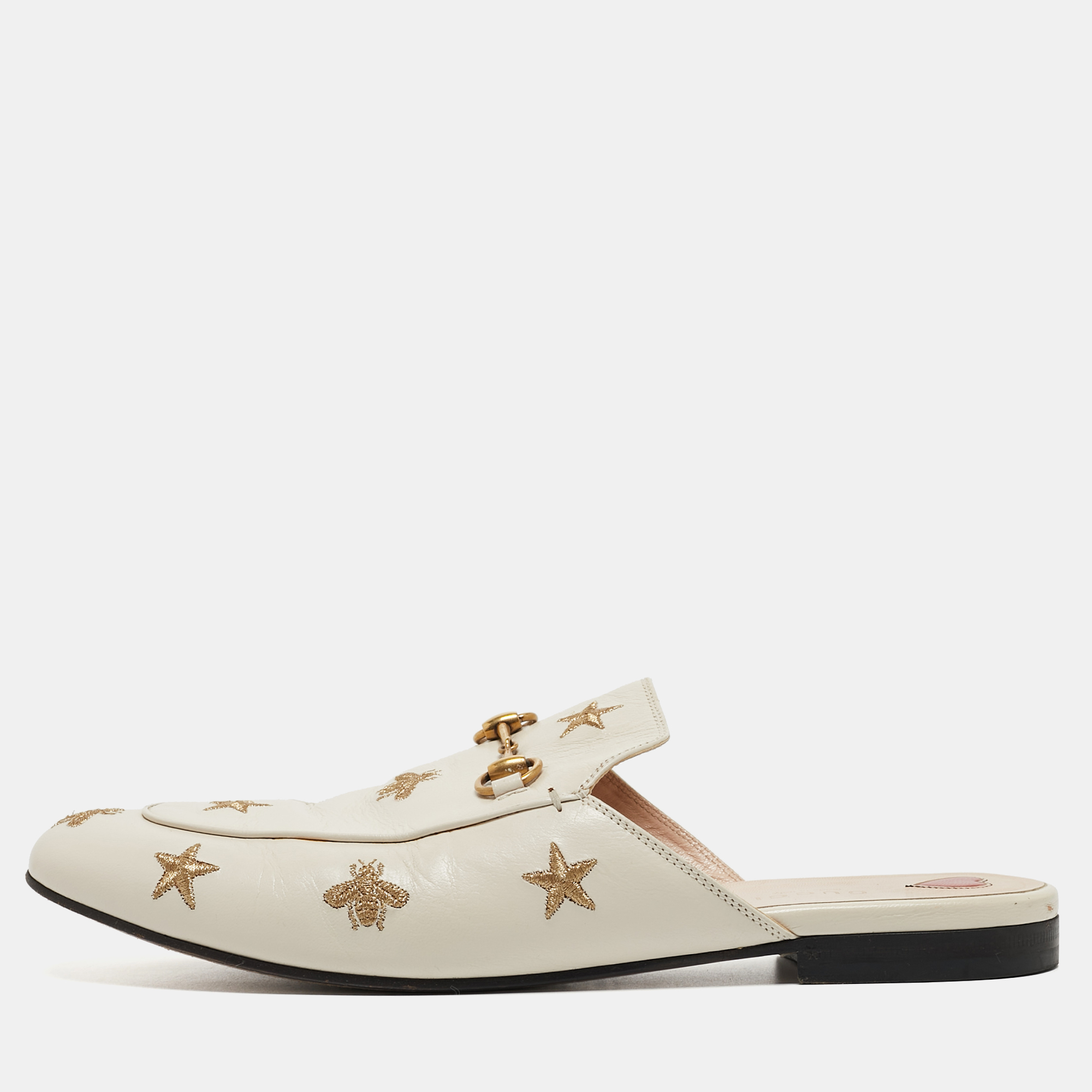 Pre-owned Gucci Cream Leather Bee And Star Embroidered Princetown Flat Mules Size 41.5