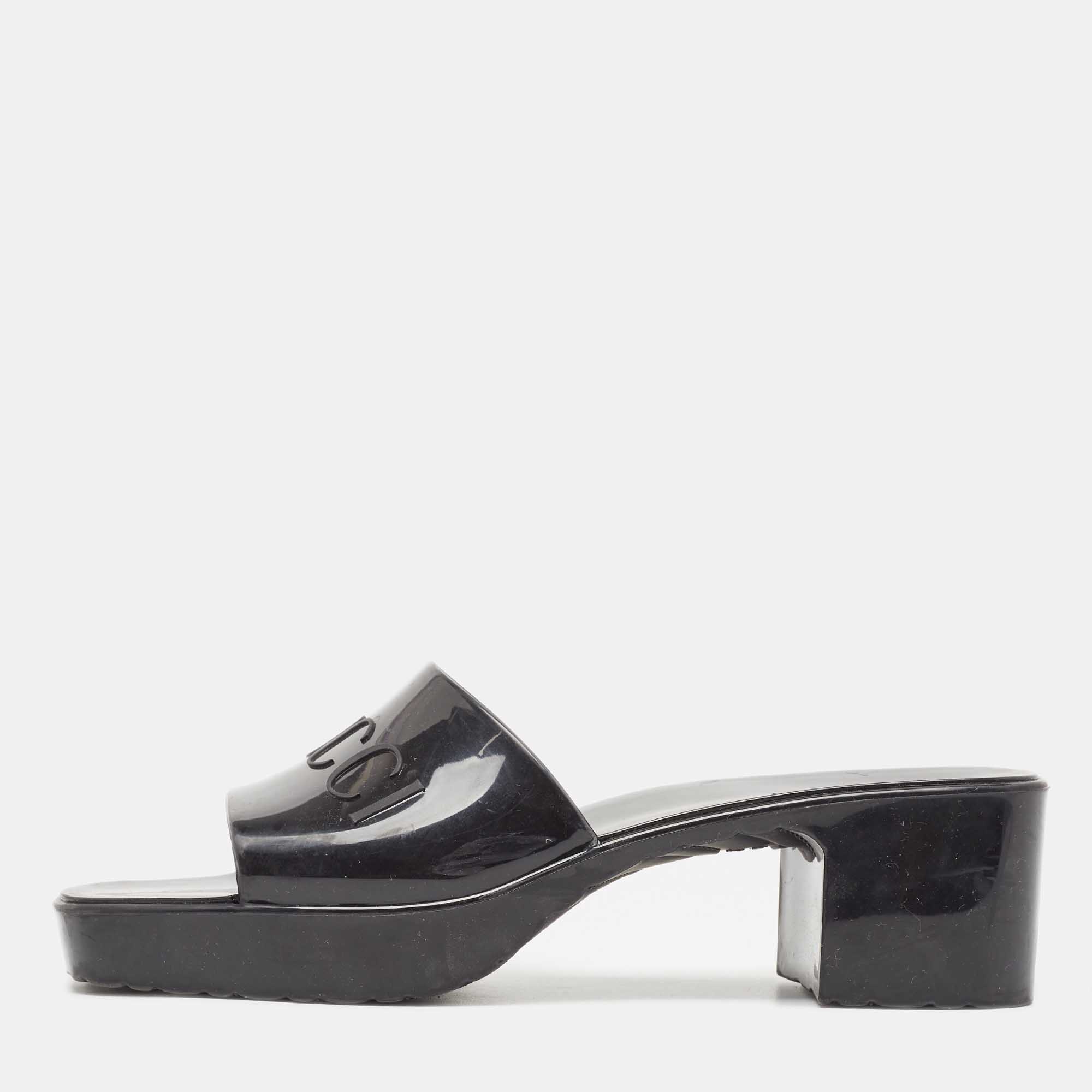 

Gucci Black Rubber Logo Embossed Platform Slide Sandals Size