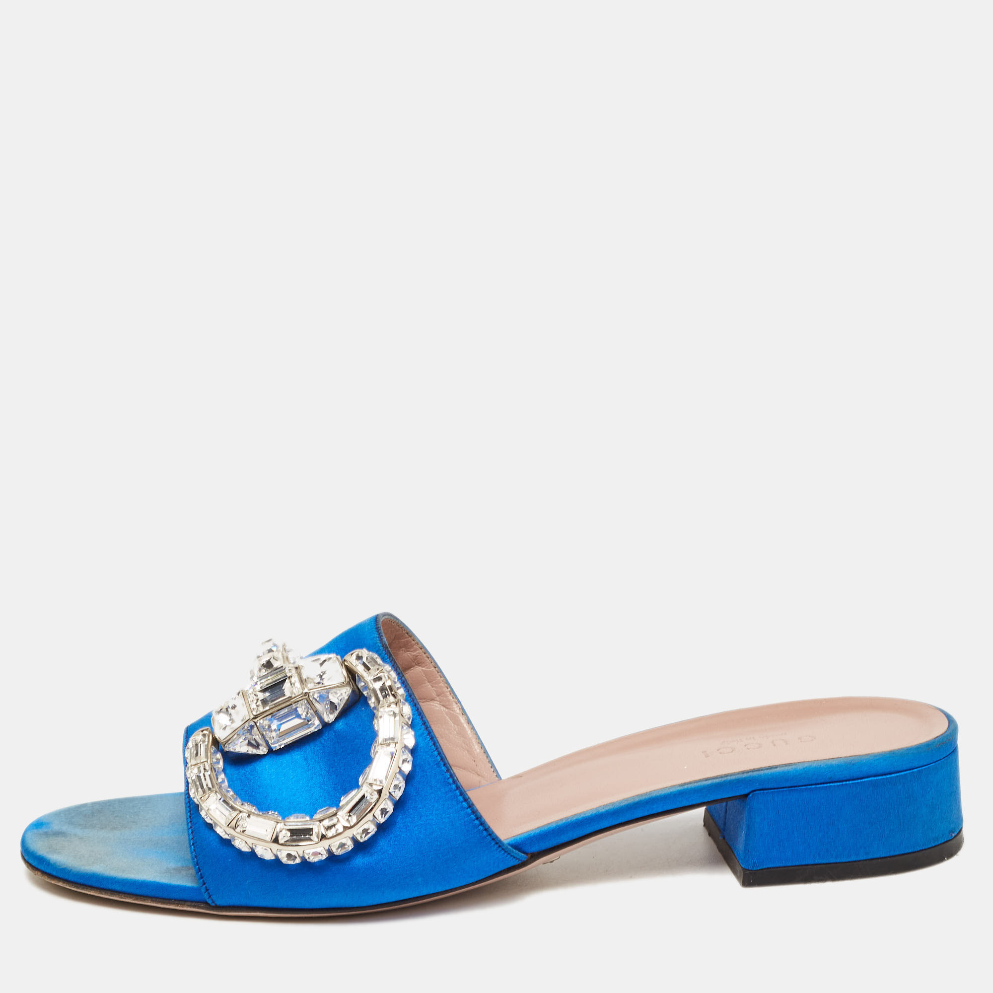 Pre-owned Gucci Blue Satin Crystal Horsebit Maxime Slide Sandals Size 38.5