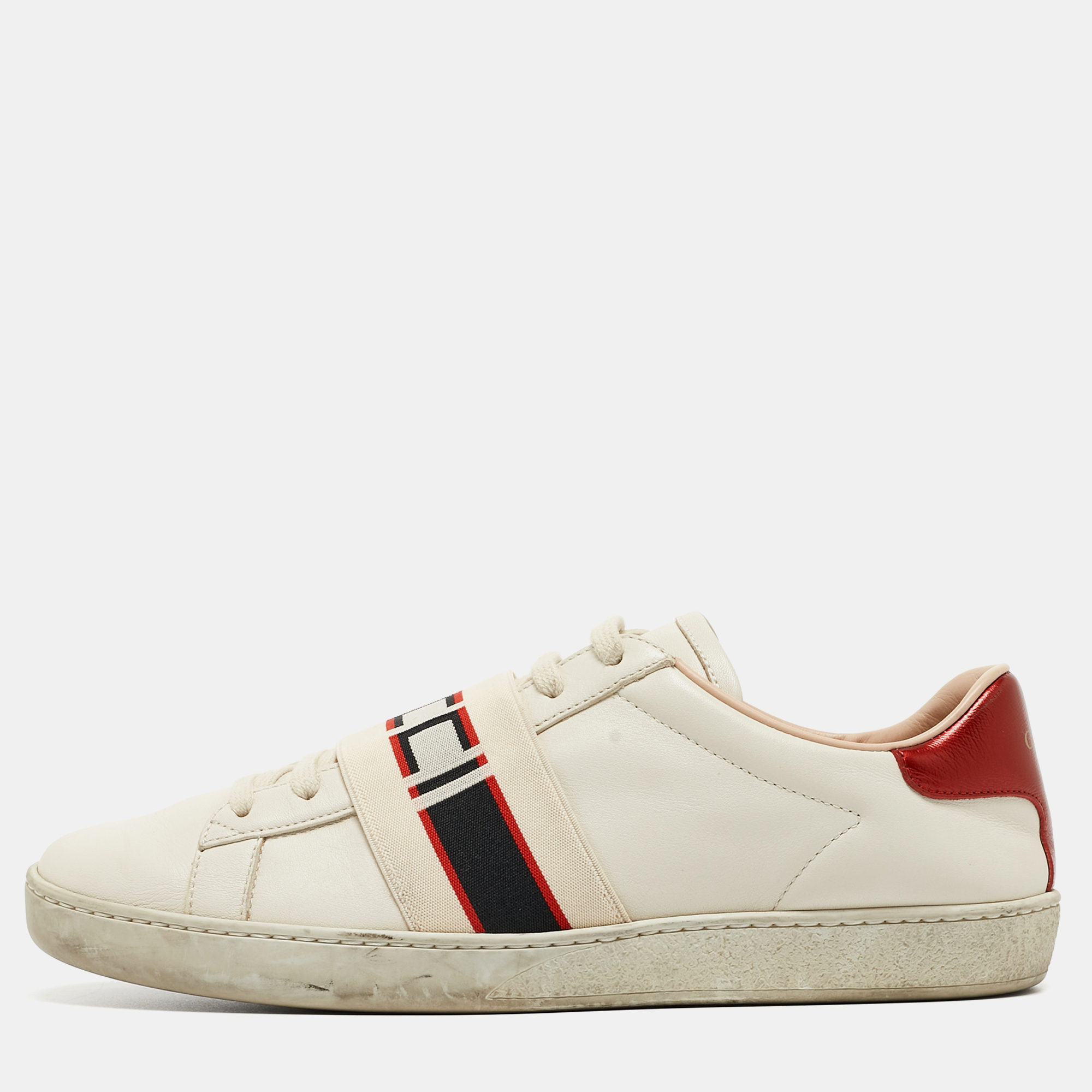 Pre-owned Gucci Off White/red Leather Ace Stripe Trainers Size 39