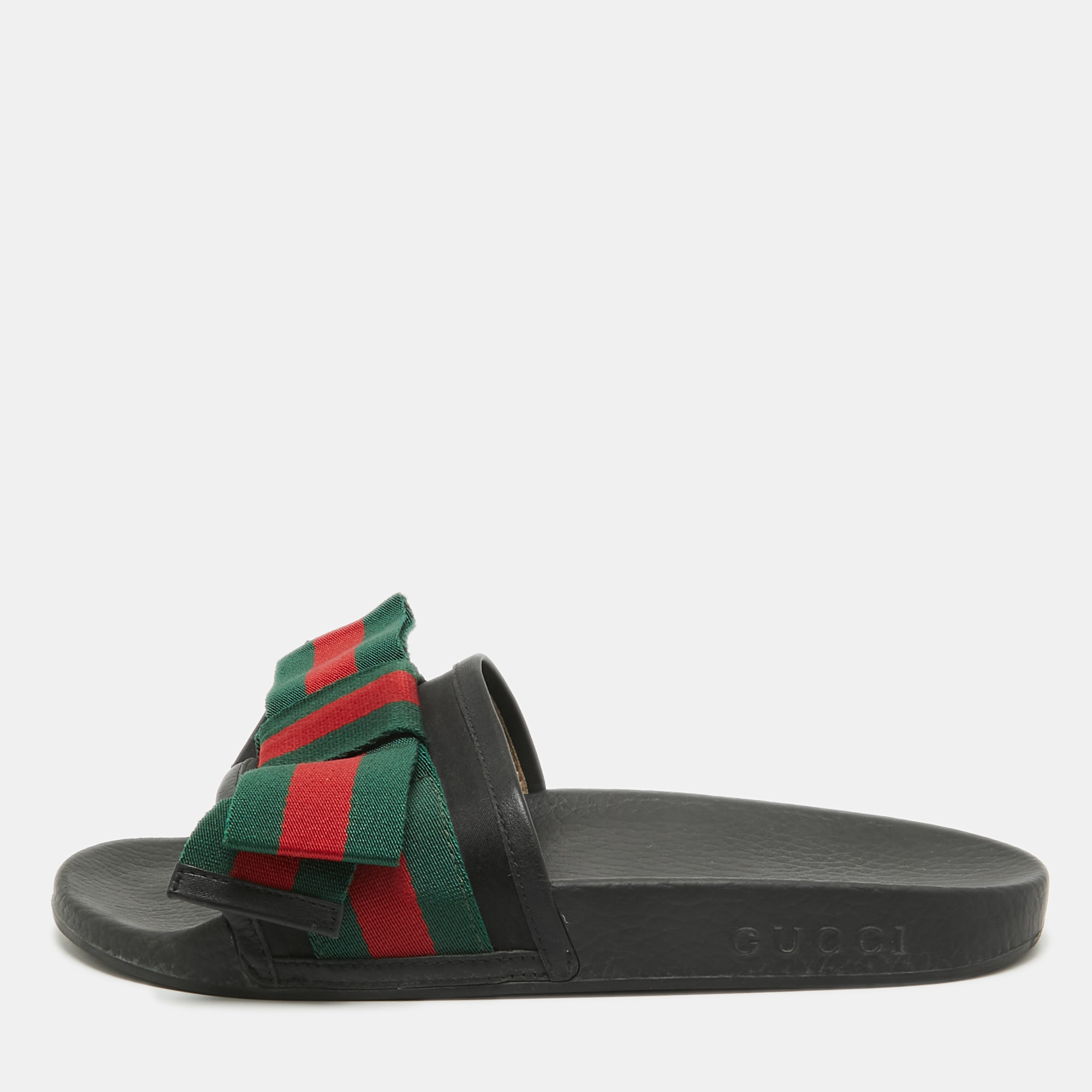 

Gucci Tricolor Leather and Fabric Web Bow Pool Slides Size, Black