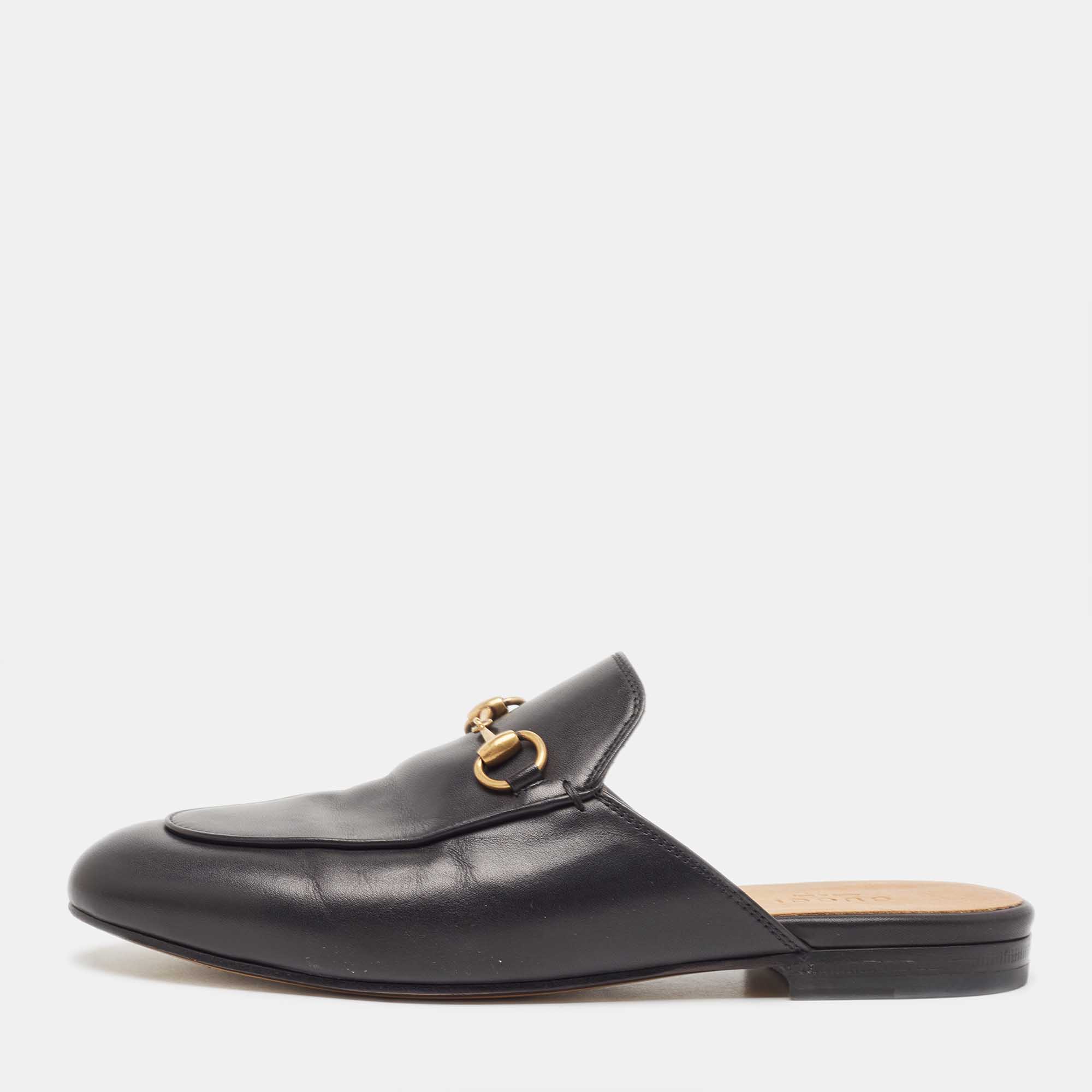 Pre Owned Gucci Black Leather Princetown  Mules Size 37 
