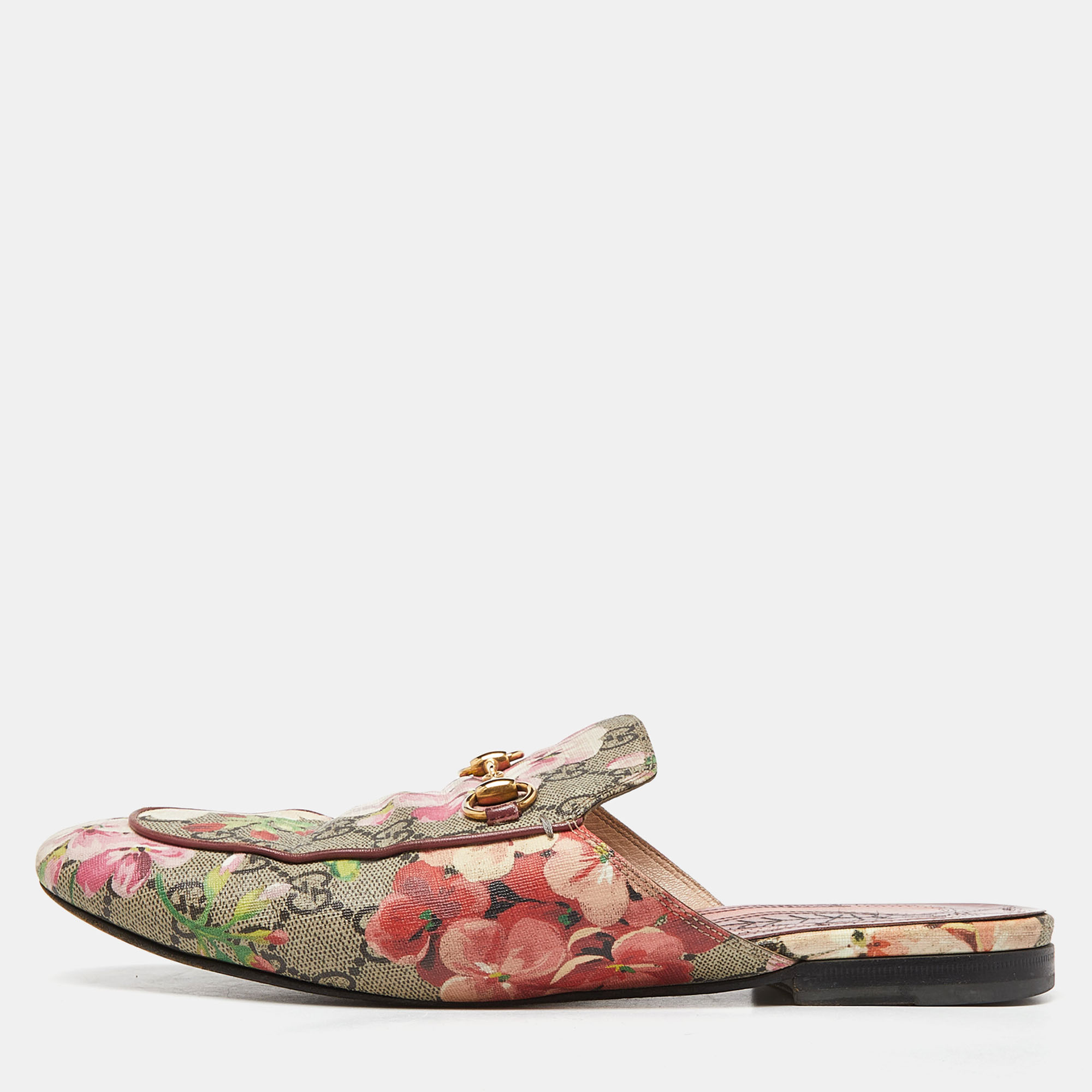 

Gucci Beige/Brown Blooms Print GG Supreme Canvas Princetown Flat Mules Size