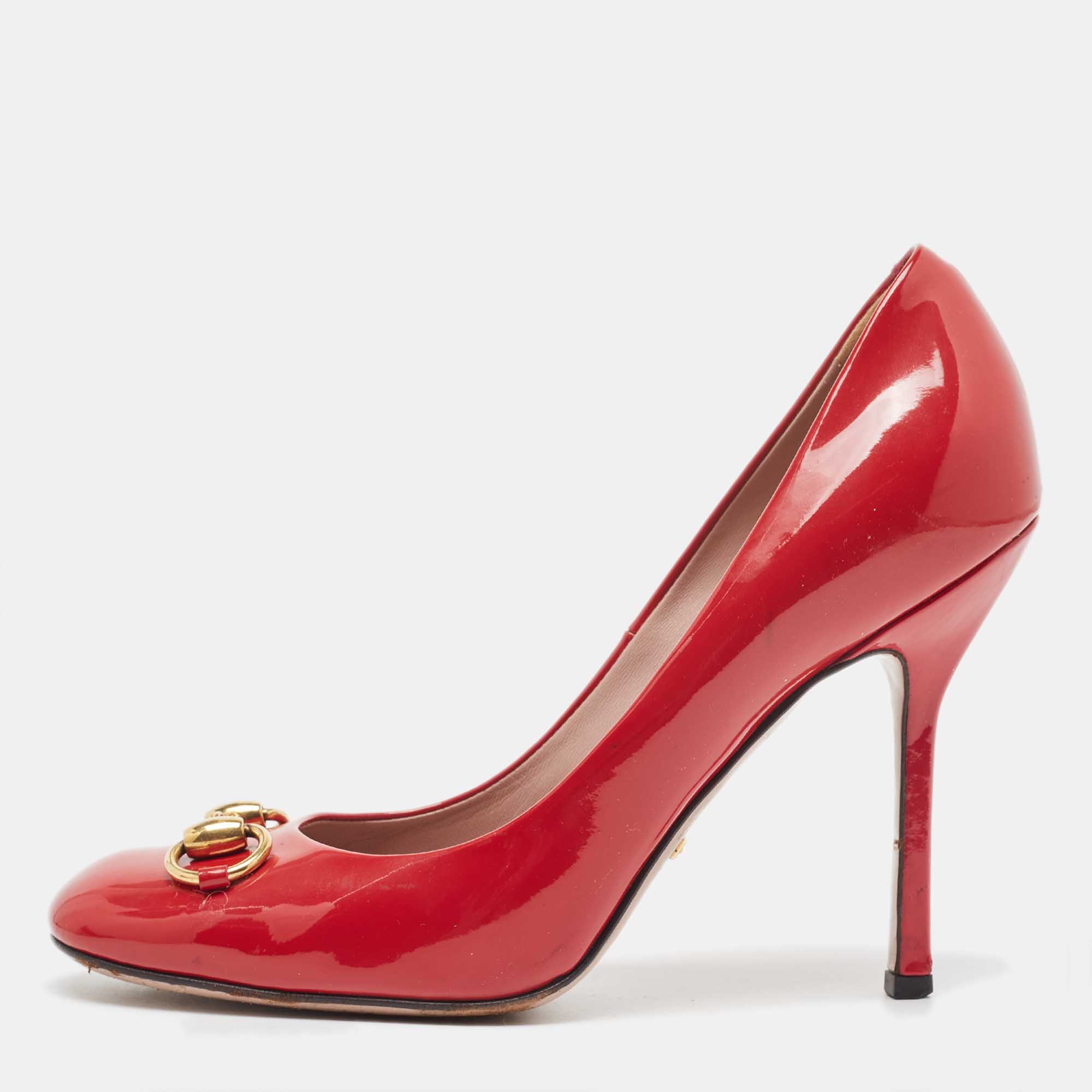 

Gucci Red Patent Leather Jolene Horsebit Square Toe Pumps Size