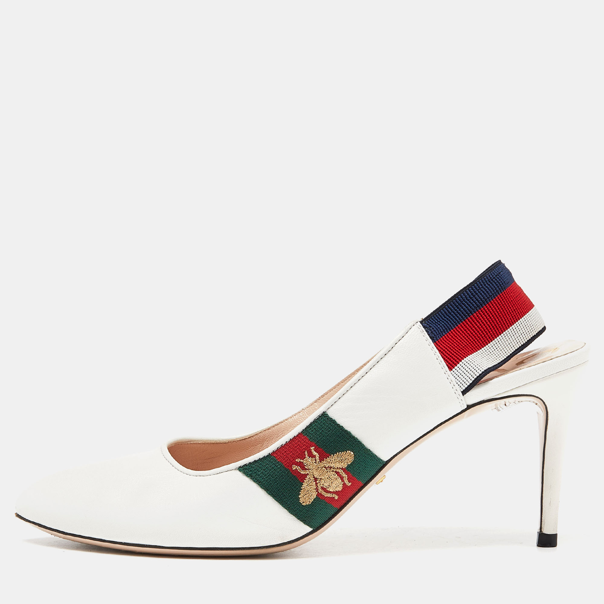 

Gucci White Leather Sylvie Accent Slingback Pumps Size