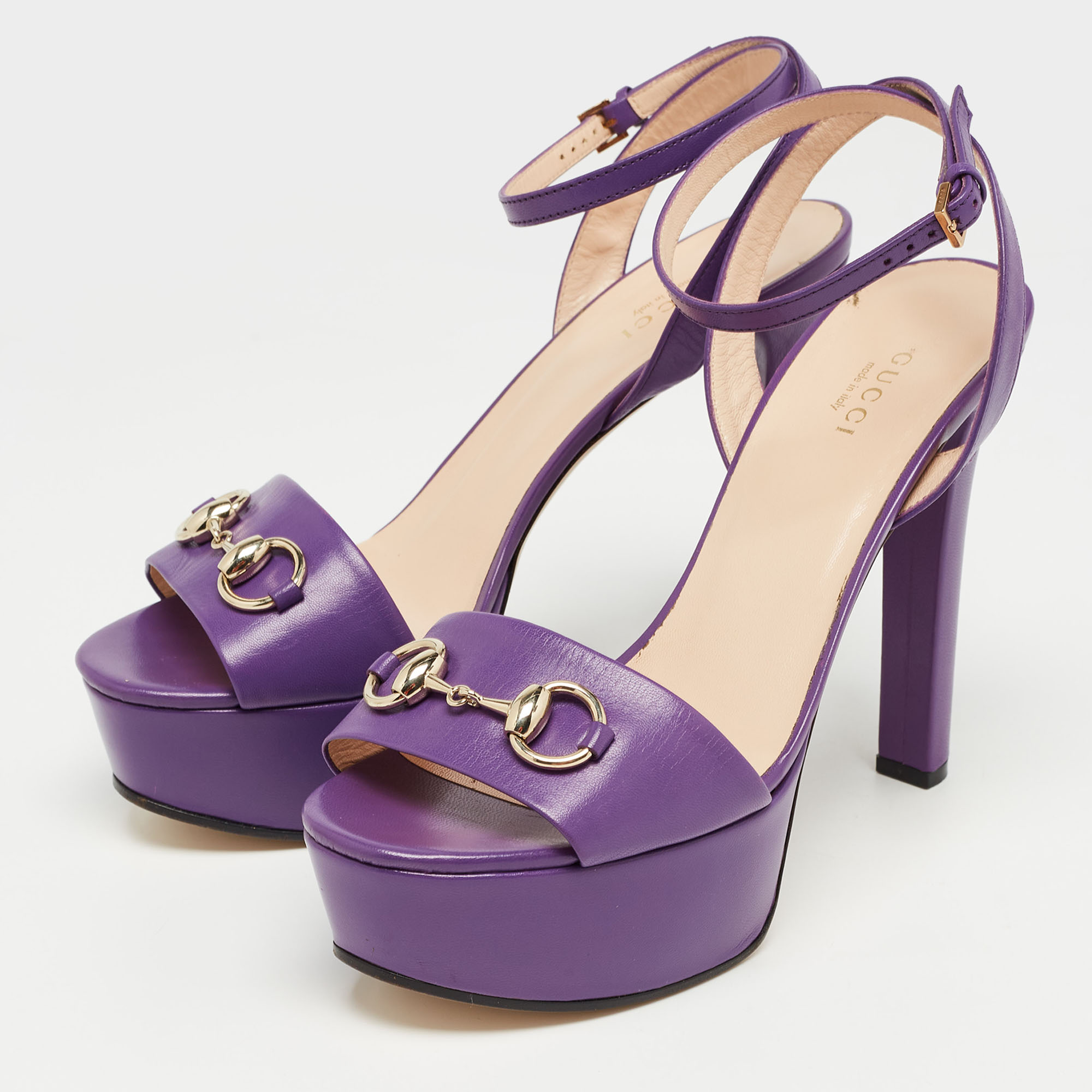 

Gucci Purple Leather Claudie Horsebit Platform Ankle Strap Sandals Size