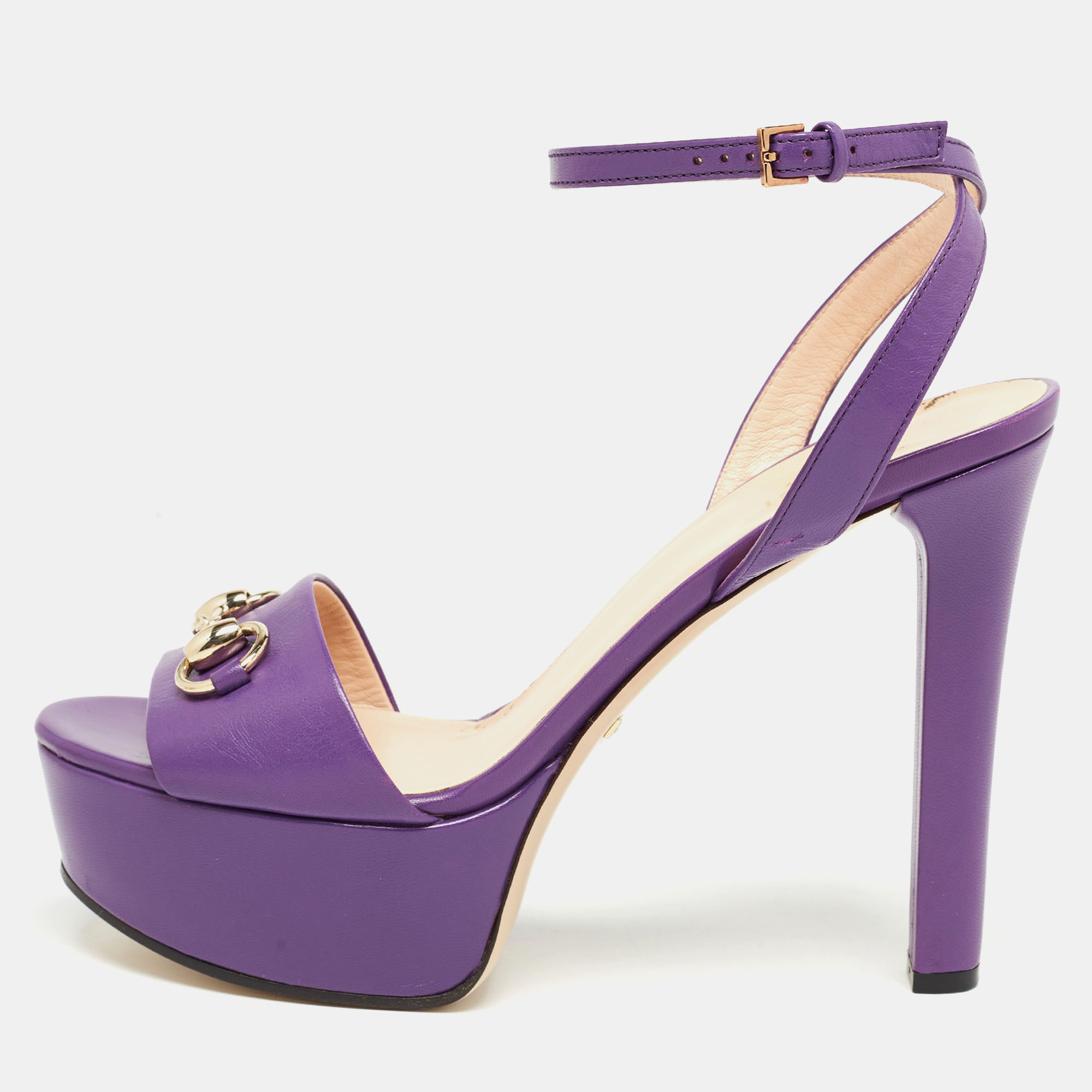Pre-owned Gucci Purple Leather Claudie Horsebit Platform Ankle Strap Sandals Size 38.5
