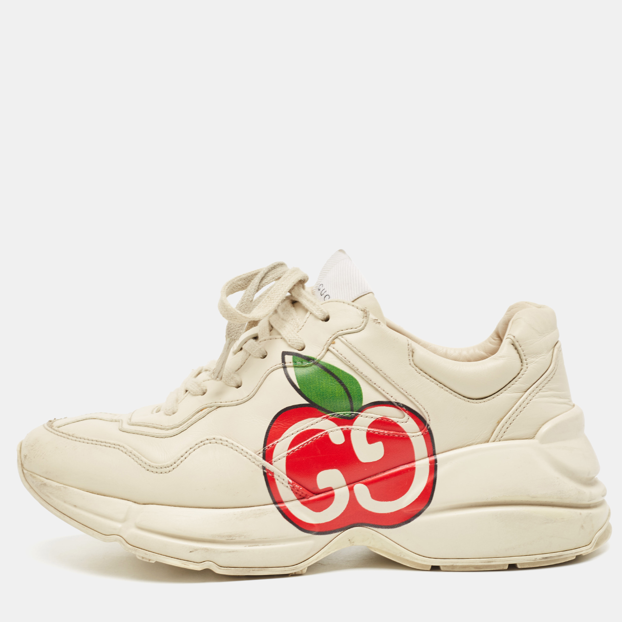 

Gucci Cream Leather GG Apple Rhyton Sneakers Size