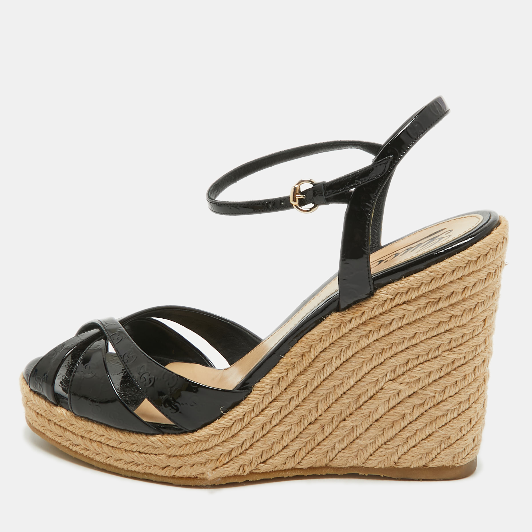 Pre Owned Gucci Black Microguccissima Patent Leather Penelope Espadrille Sandals Size 38.5 