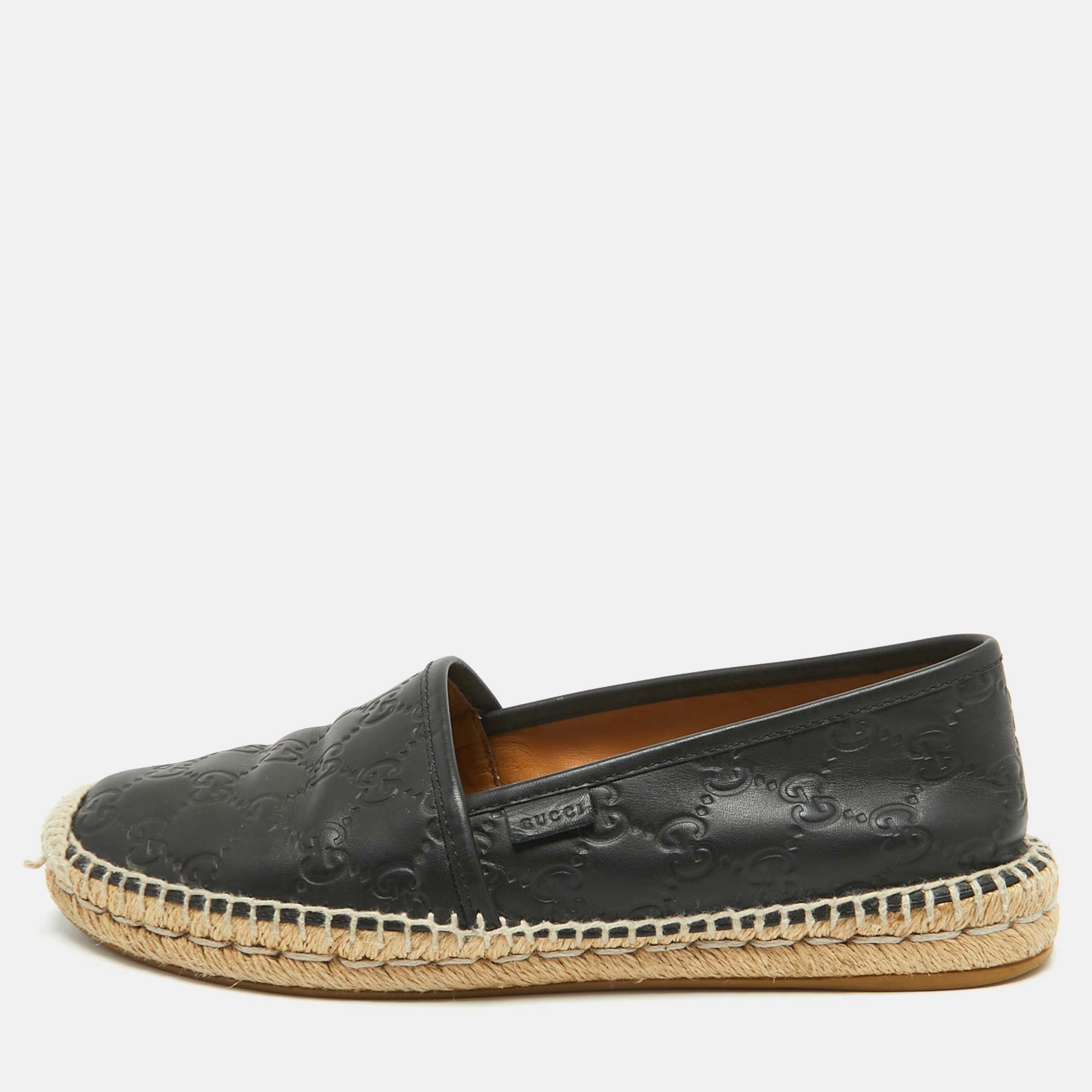 Pre-owned Gucci Ssima Leather Espadrille Flats Size 39 In Black