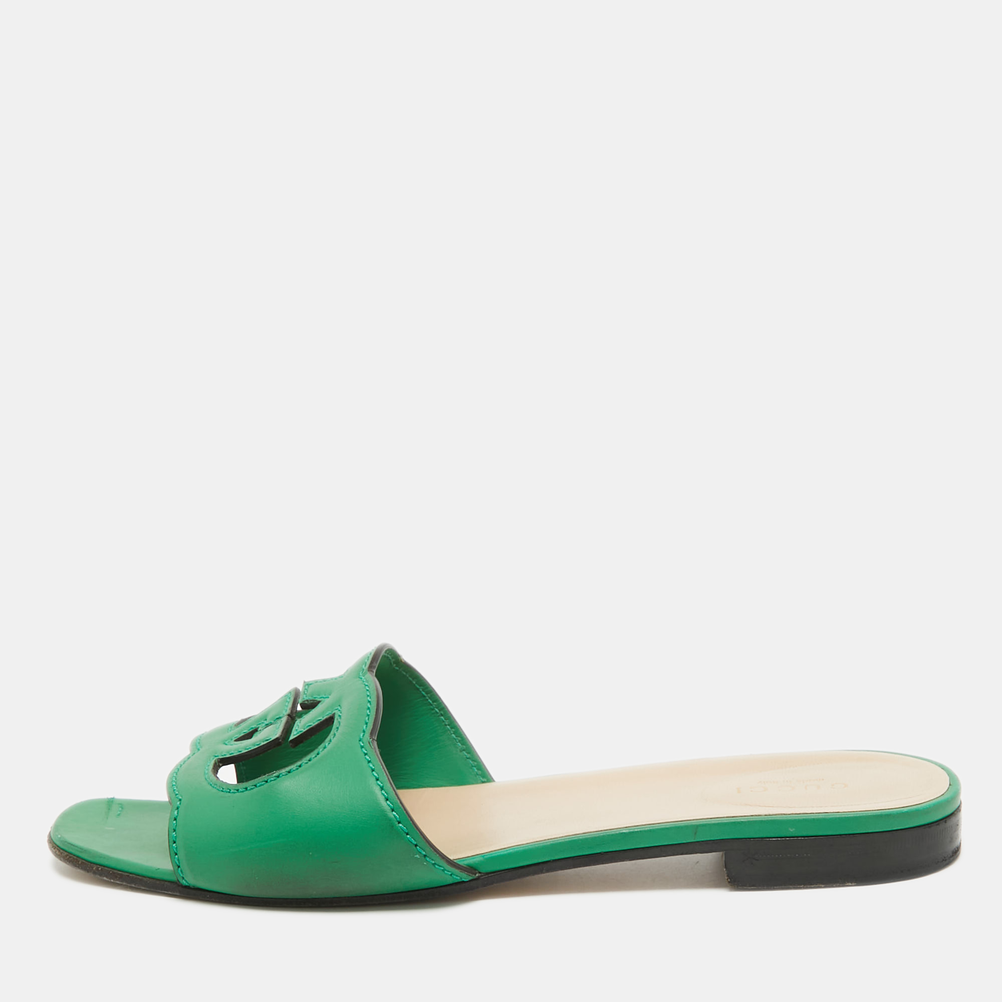 

Gucci Green Leather GG Flat Slides Size