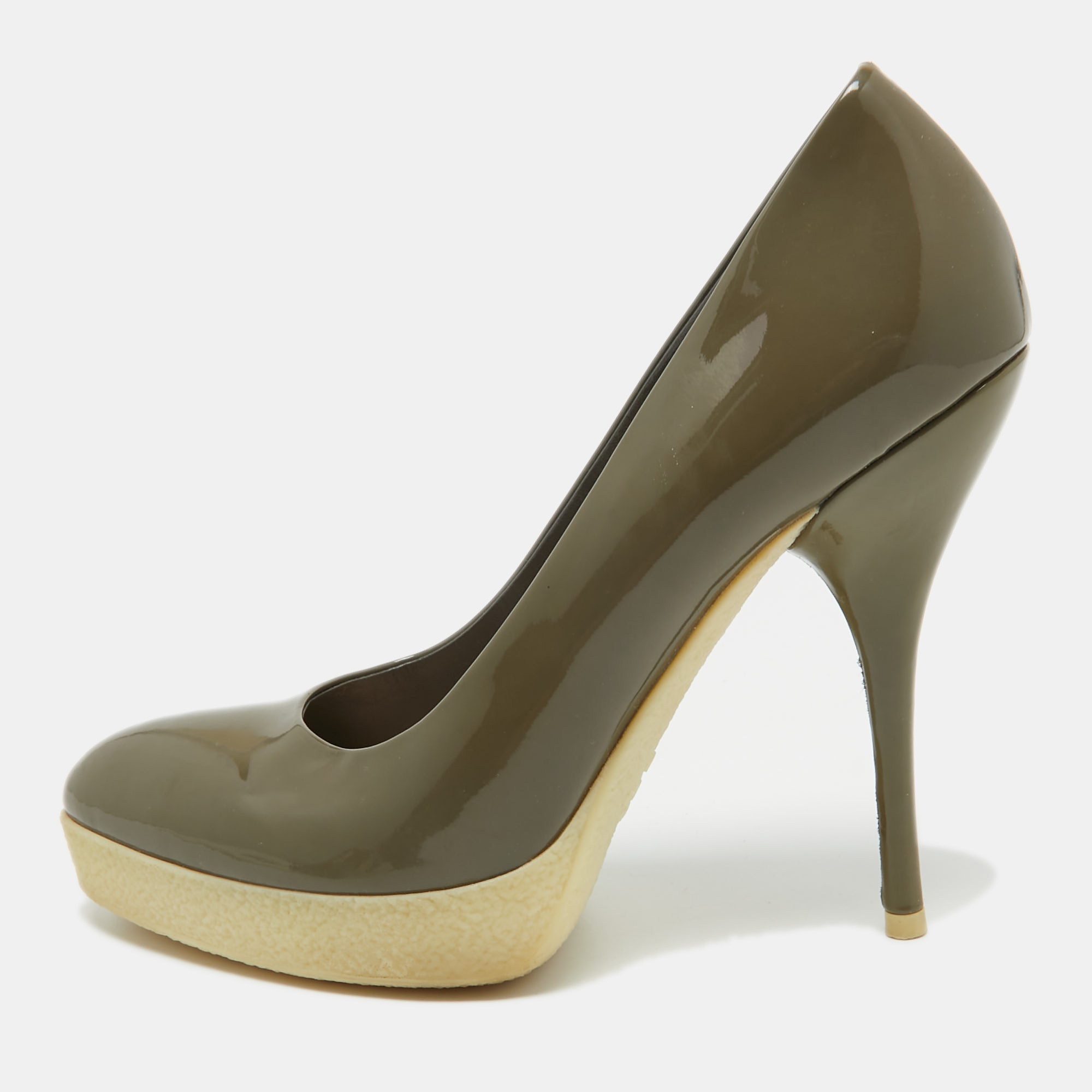 Pre-owned Gucci Olive Green Patent Leather Platform Pumps Size 36