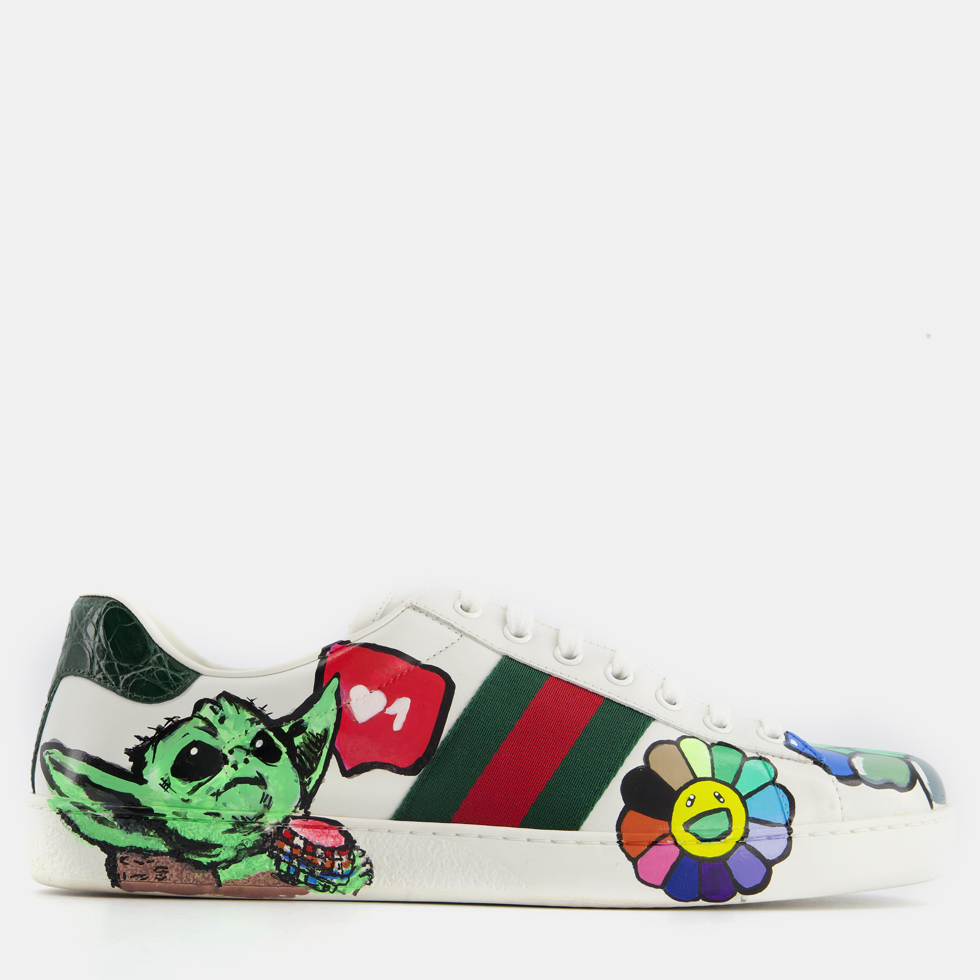 Pre-owned Gucci White Ace Custom Painted Leather Trainers Mens Size Eu 43