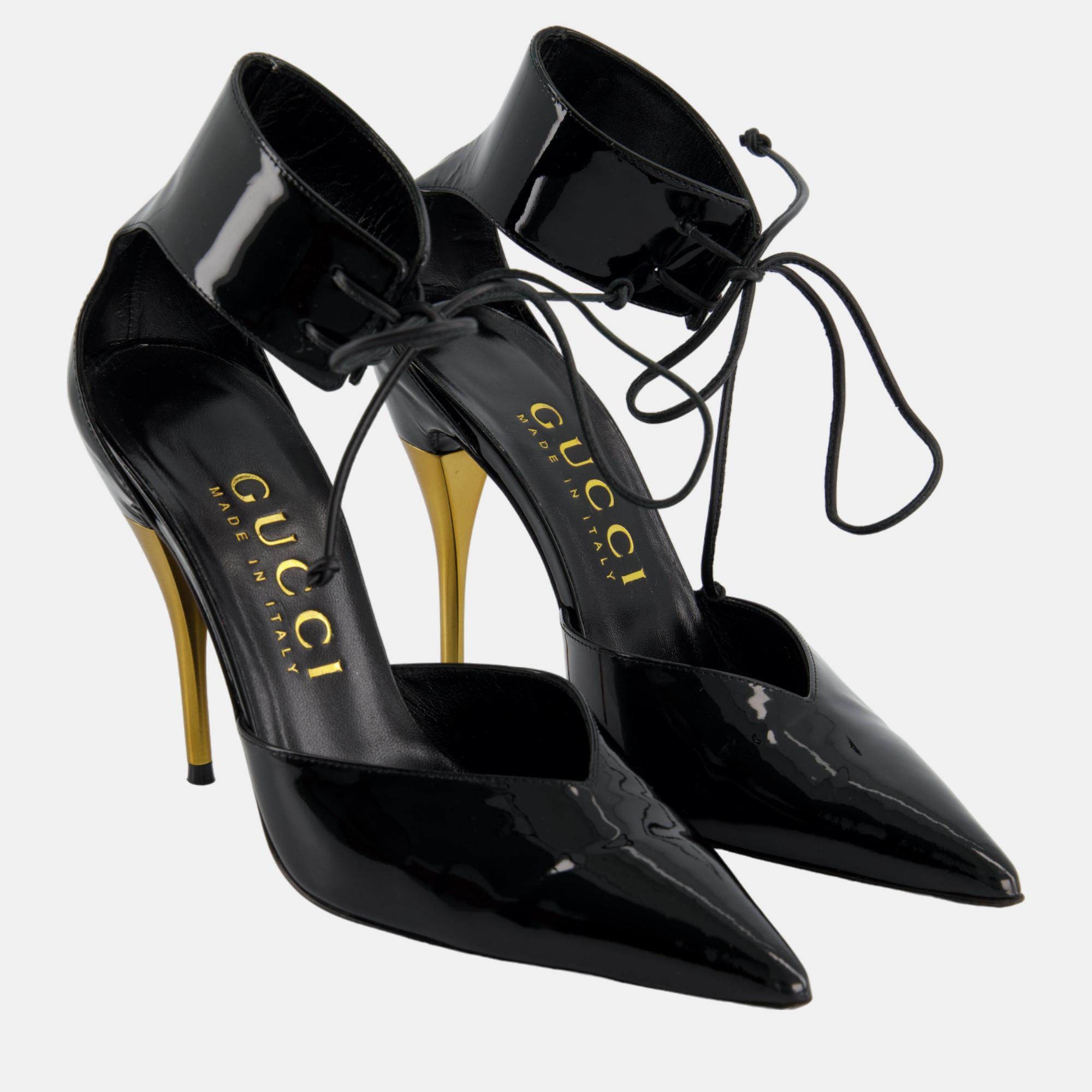 

Gucci Black Patent Leather Heels With Gold Heels & Ankle Strap Detailing Size EU