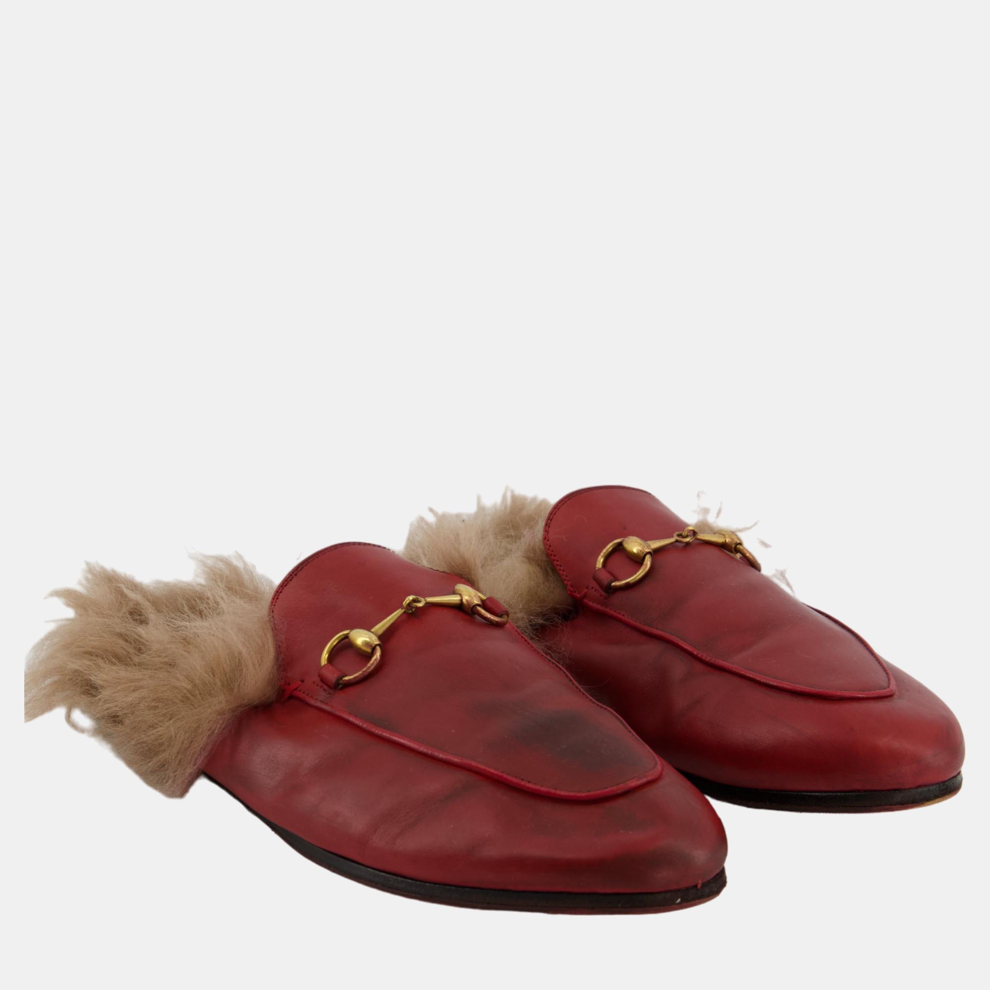 

Gucci Burgundy Princetown Horsebit Shearling-Lined Leather Backless Loafers Size EU