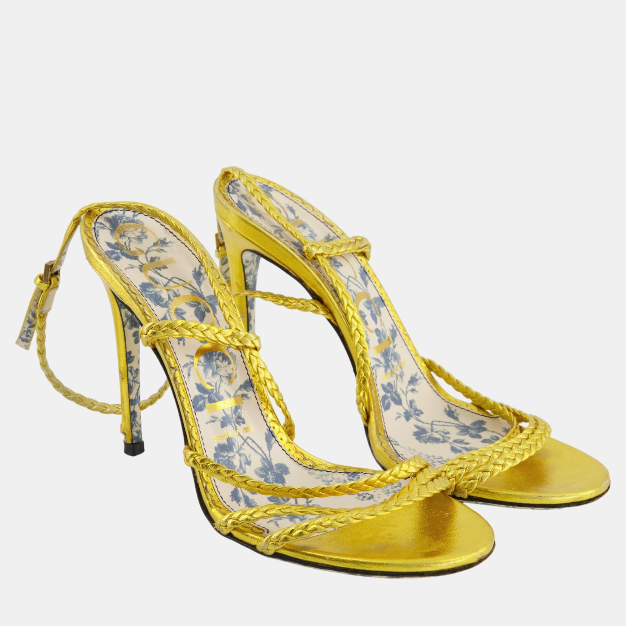 

Gucci Metallic Gold Rope Sandals with Floral Detailing EU