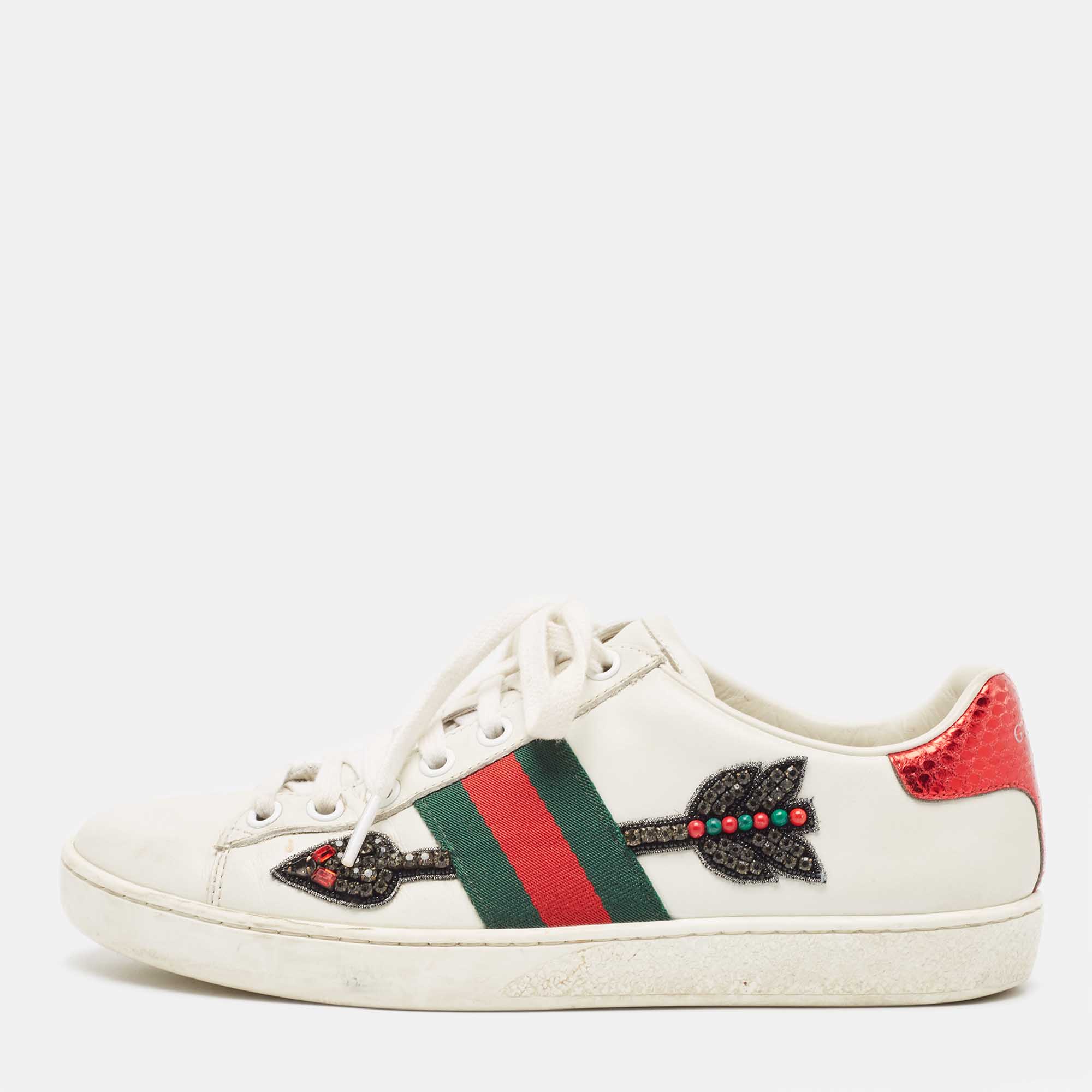 

Gucci White Leather Ace Web Arrow Embellished Low Top Sneakers Size