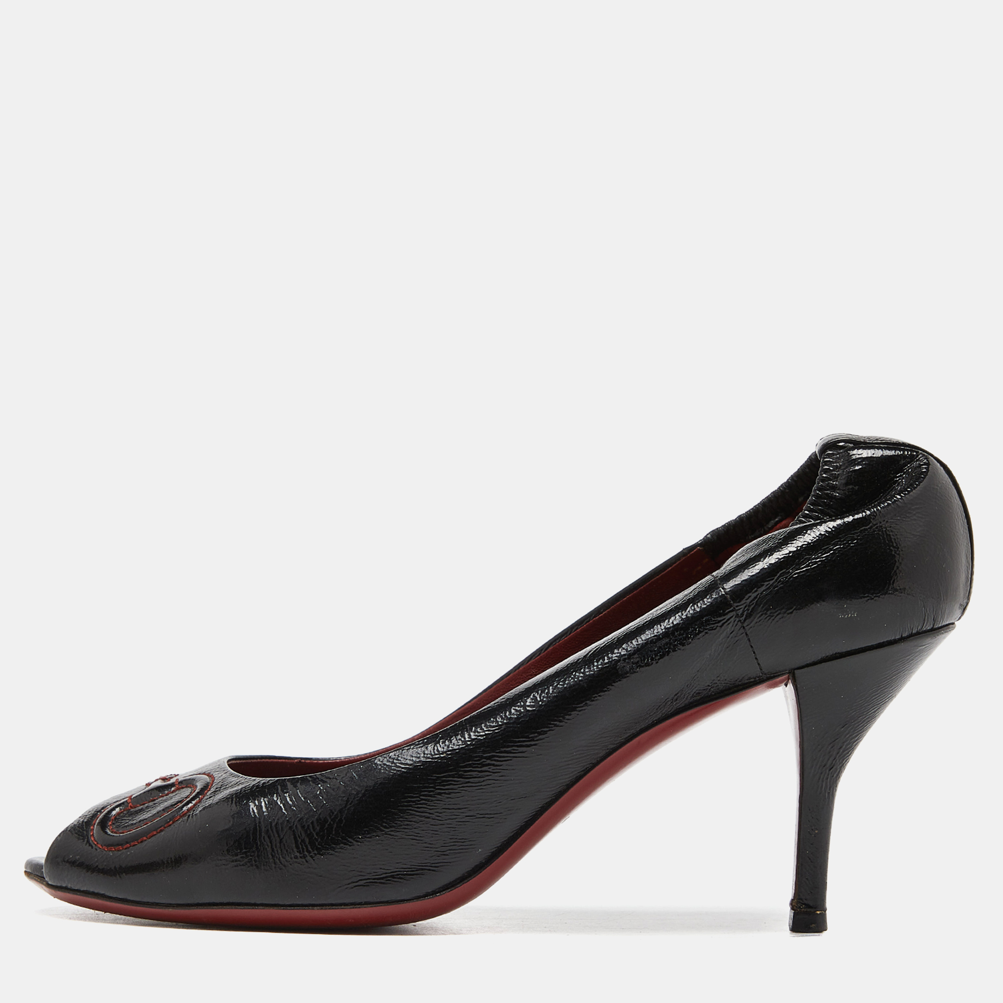 

Gucci Black Leather Horsebit Peep Toe Pumps Size