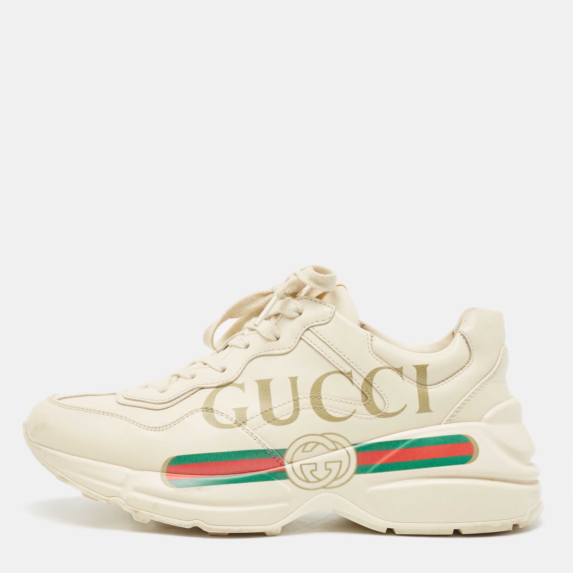 Pre Owned Gucci Cream Leather Rhyton Sneakers Size 37