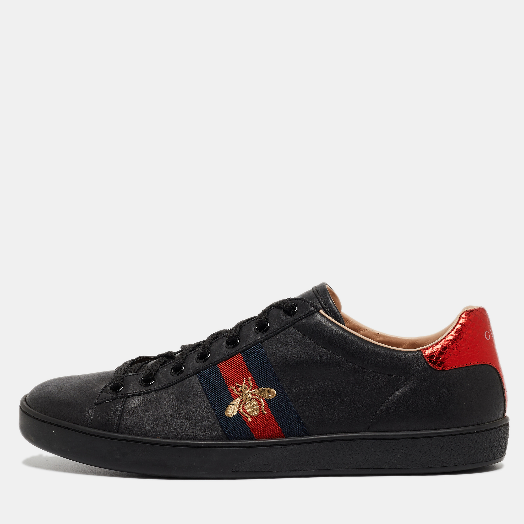 

Gucci Black Leather Ace Web Bee Low Top Sneakers Size