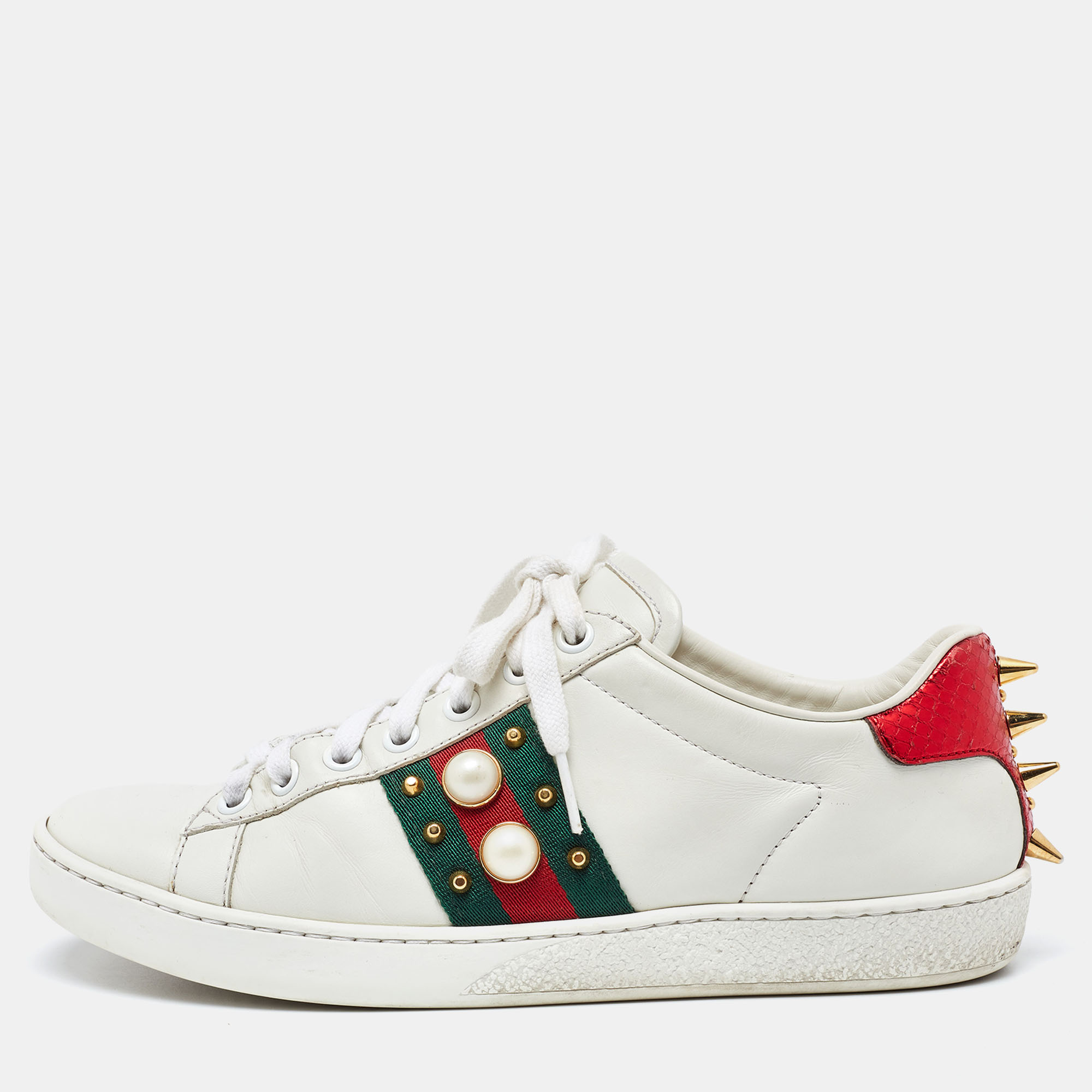 Pre-owned Gucci White Leather Studded And Spiked Ace Sneakers Size 36