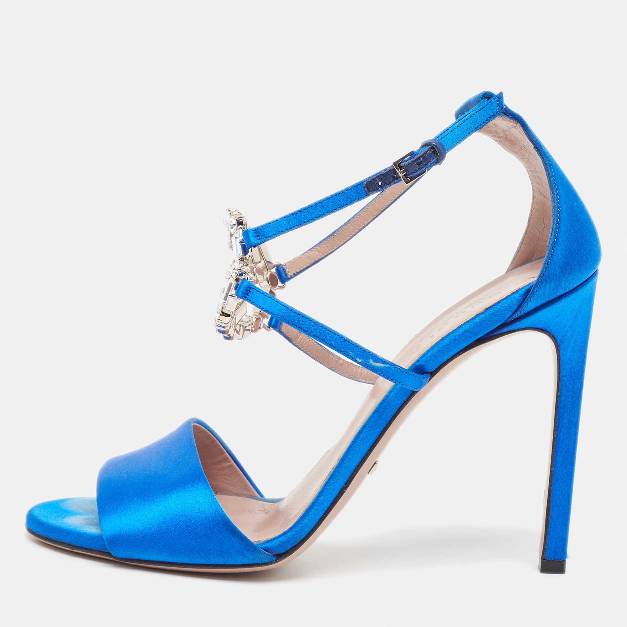 

Gucci Blue Satin Crystal Embellished Interlocking G Ankle Strap Sandals Size