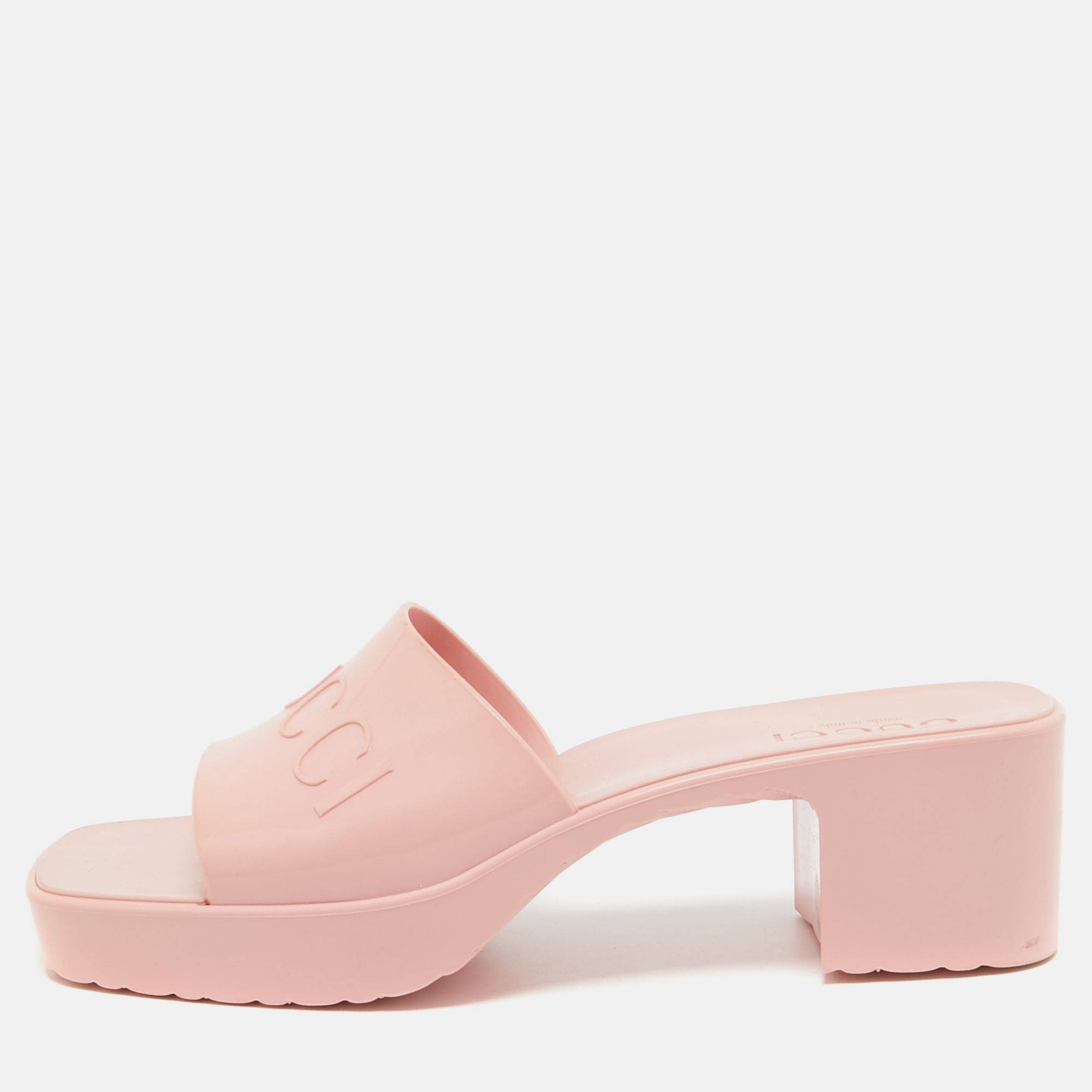 Pre-owned Gucci Pink Rubber Logo Embossed Platform Slide Sandals Size 38