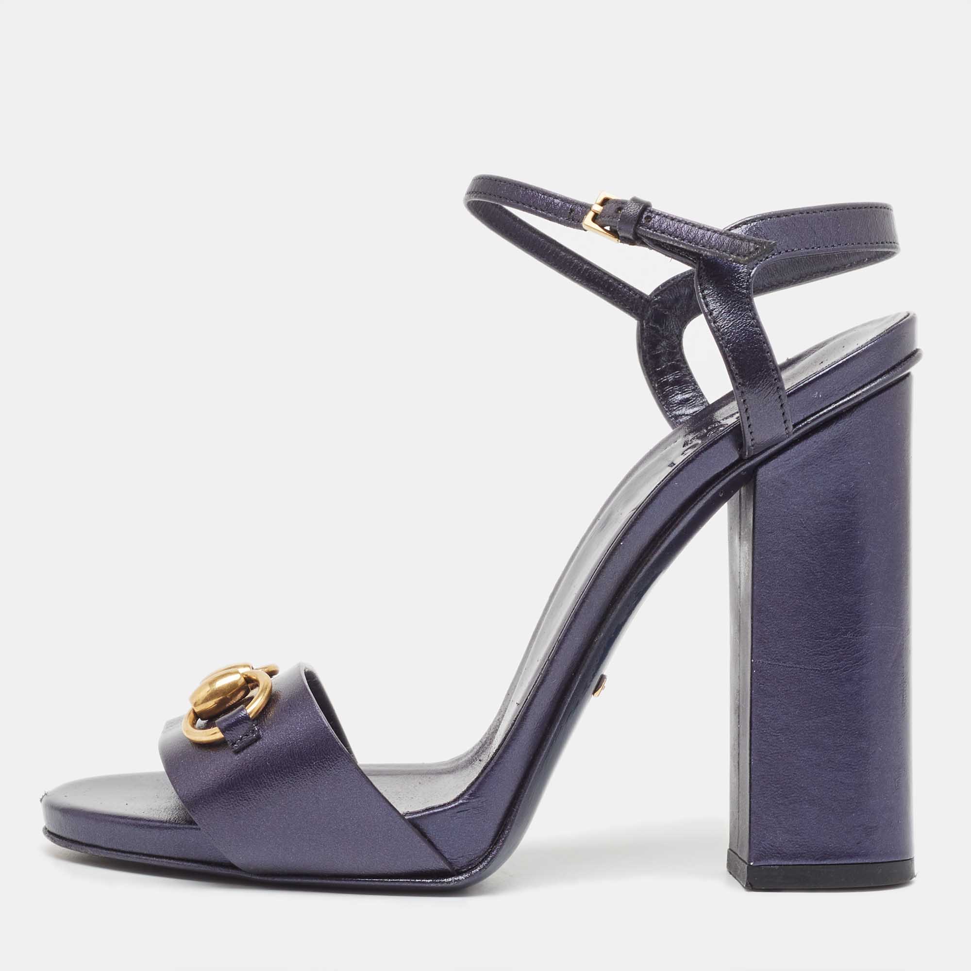 Pre-owned Gucci Metallic Navy Blue Leather Horsebit Ankle Strap Sandals Size 38