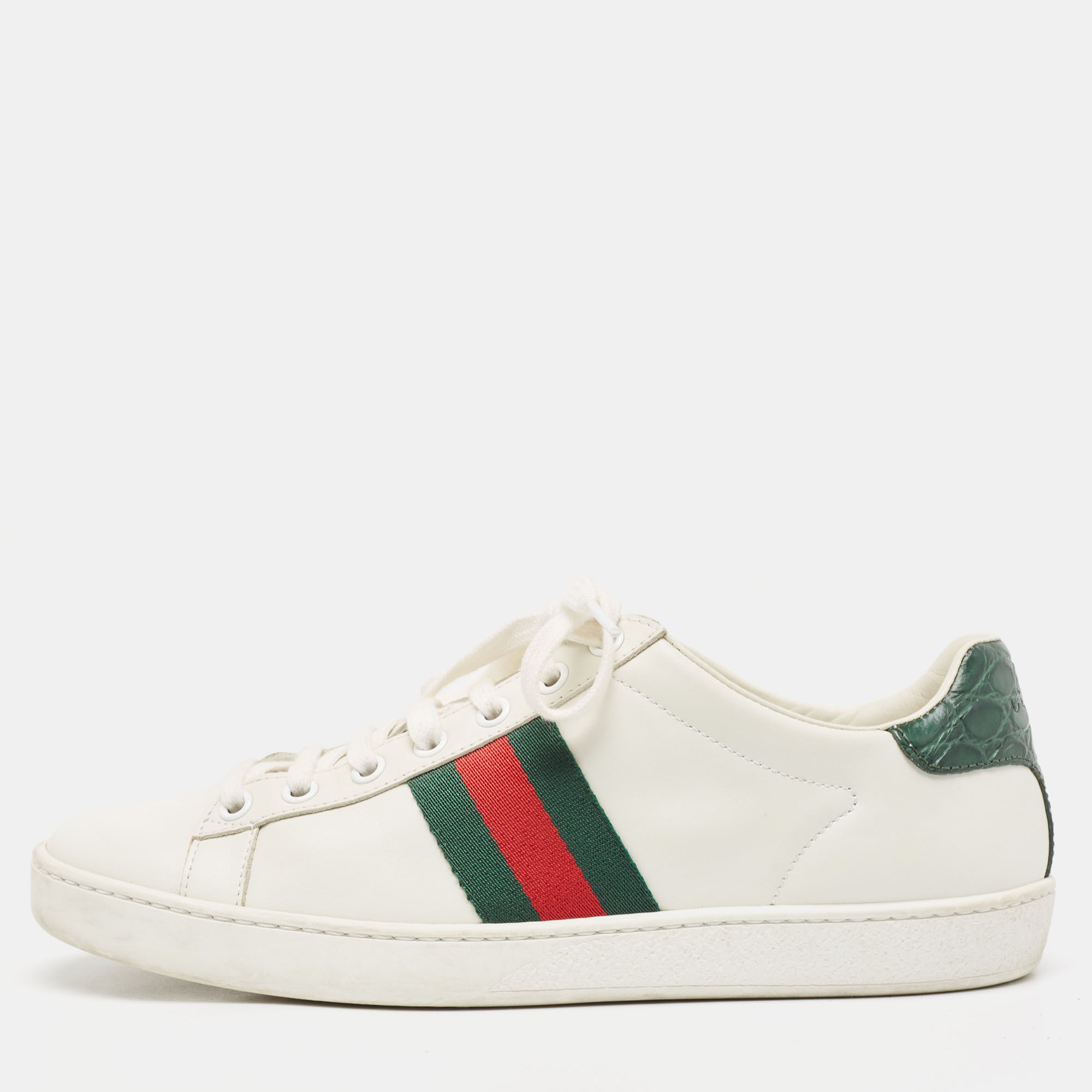

Gucci White/Green Cro Embossed and Leather Ace Sneakers Size