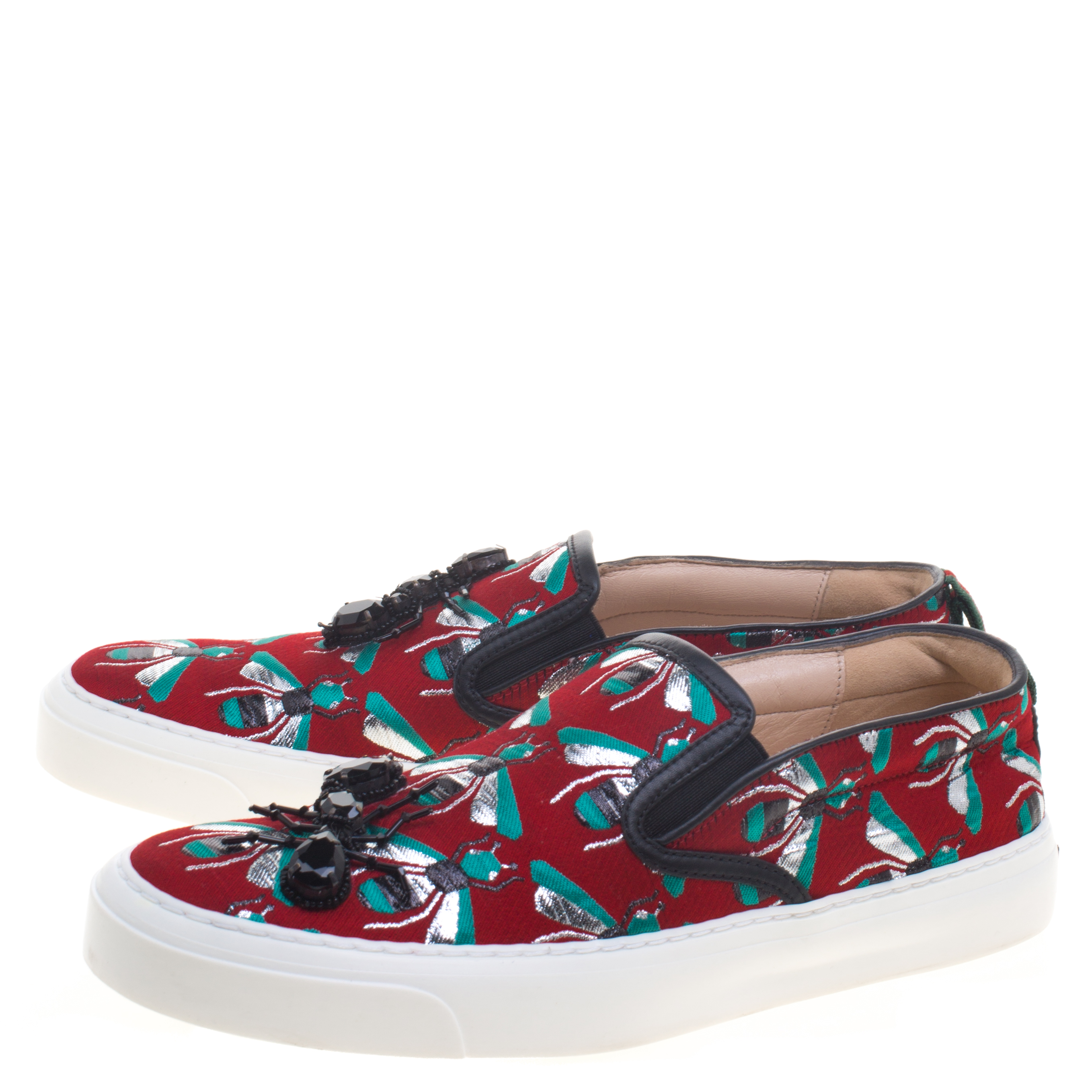 Gucci Red Bee Jacquard Fabric Ant Embellished Slip On