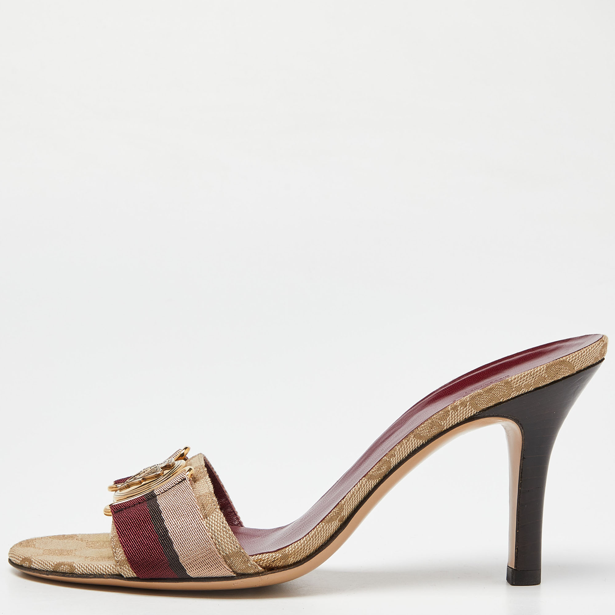 

Gucci Brown/Red GG Canvas Buckle Detail Slide Sandals Size